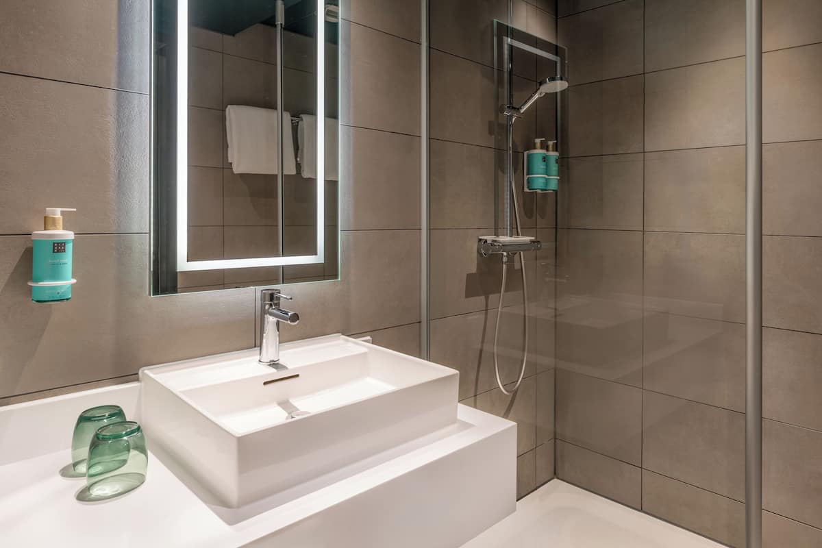 Eco-friendly toiletries, hair dryer, towels, soap