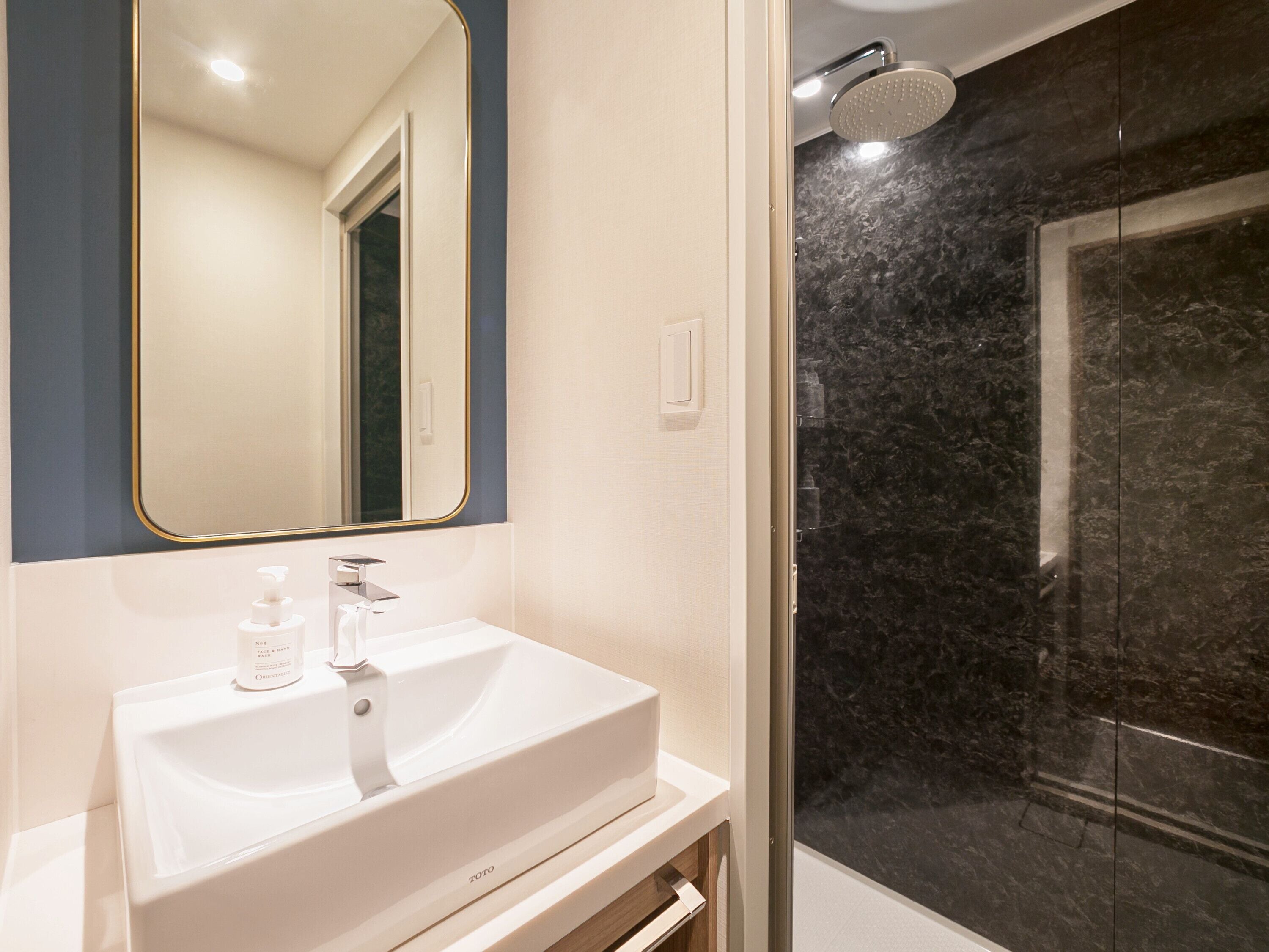 A bathroom with a white sink, a mirror, and a shower with dark marble walls.