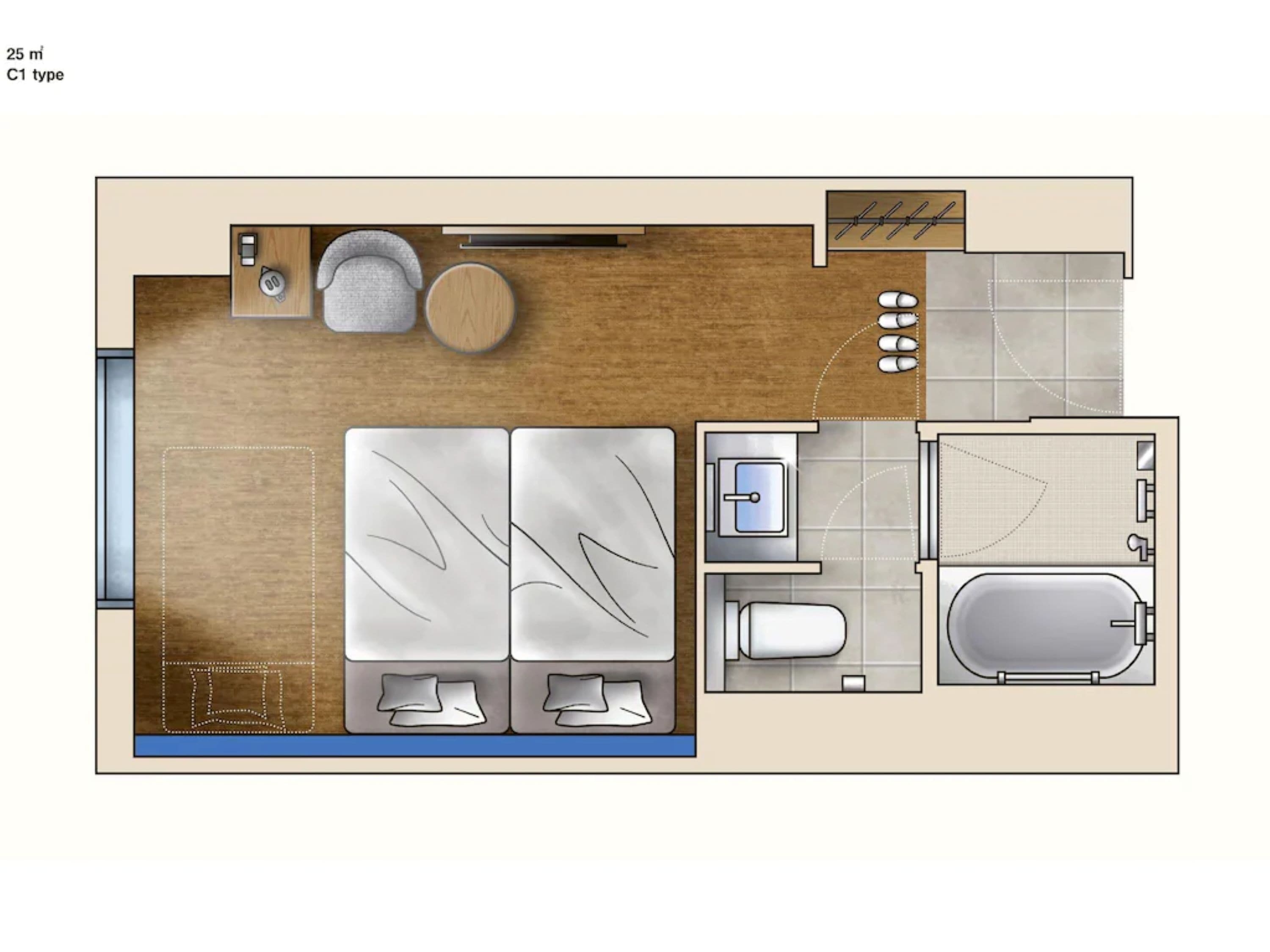 A 25 m² C1 type room layout with a bed, bedside tables, a small seating area, a bathroom with a bathtub, and a shower area.