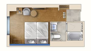 A 25 m² C1 type room layout with a bed, bedside tables, a small seating area, a bathroom with a bathtub, and a shower area.