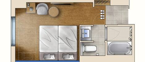 A 25 m² C1 type room layout with a bed, bedside tables, a small seating area, a bathroom with a bathtub, and a shower area.