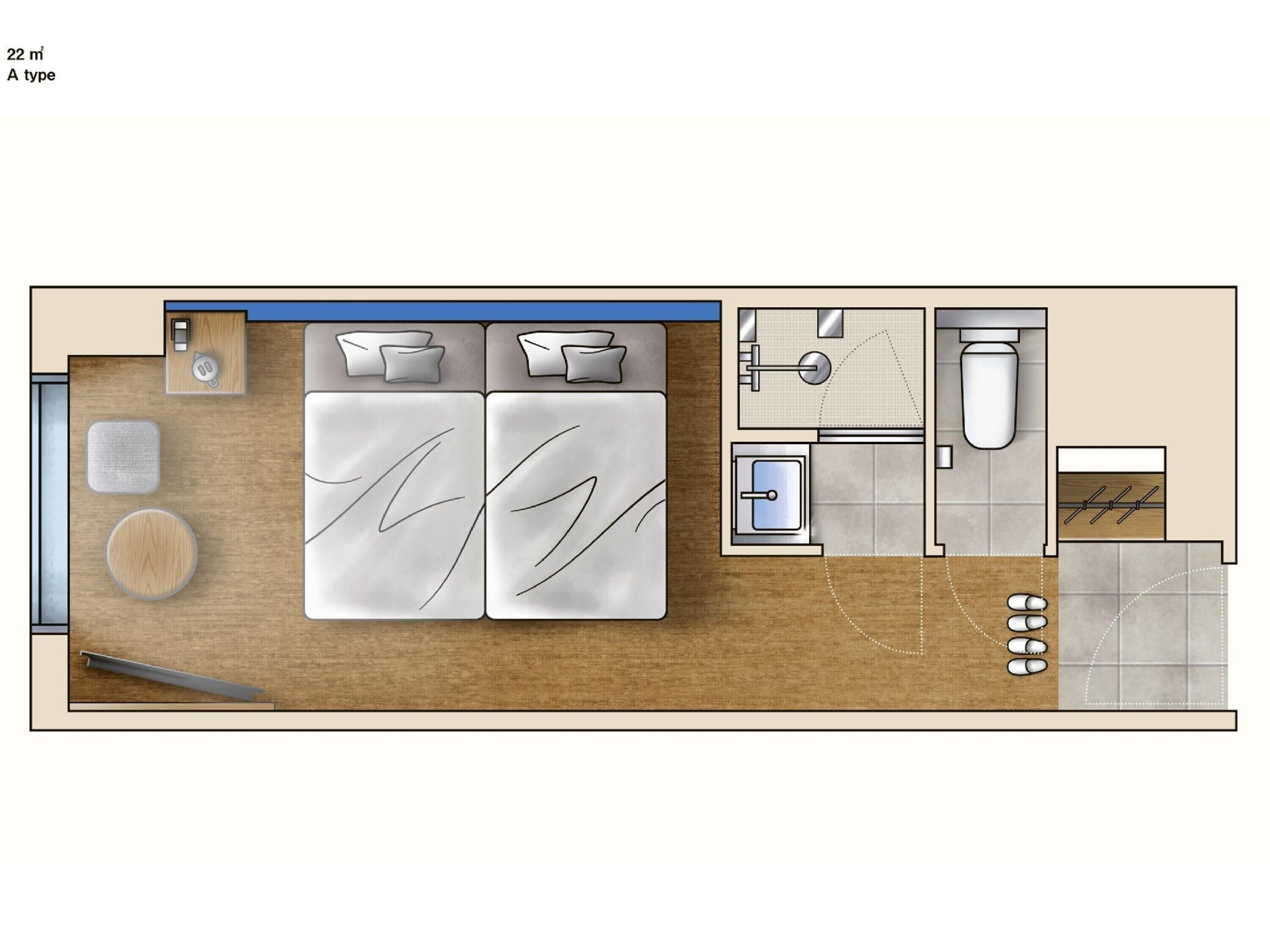 A 22 m² room with a bed, bedside tables, a small seating area, a wardrobe, a bathroom with a toilet, sink, and shower.
