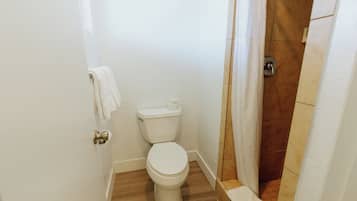 A small, clean bathroom with a toilet, a shower area, and a wooden floor.
