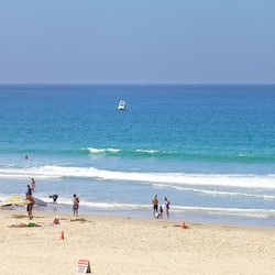 On the beach, surfing