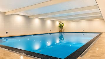 Indoor pool, seasonal outdoor pool, pool umbrellas