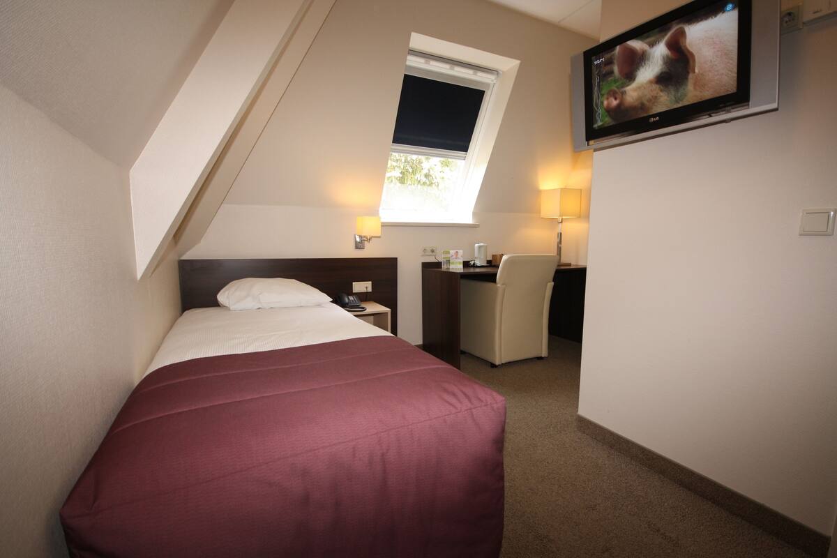 A hotel room with a bed, desk, chair, and a television mounted on the wall.
