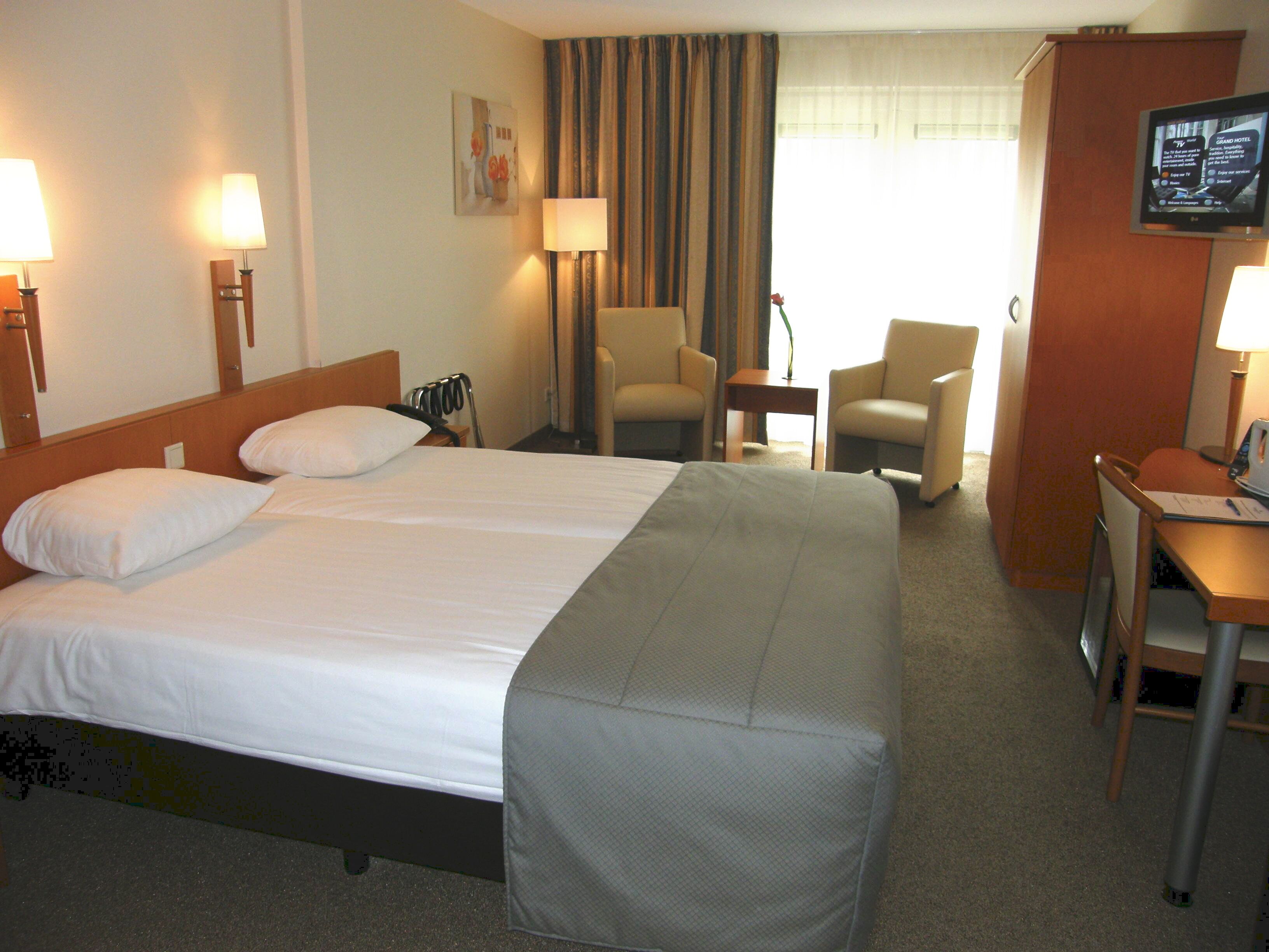 Habitación de hotel con una cama grande, dos lámparas de noche, un televisor, un escritorio con una silla y una pequeña mesa con una planta.