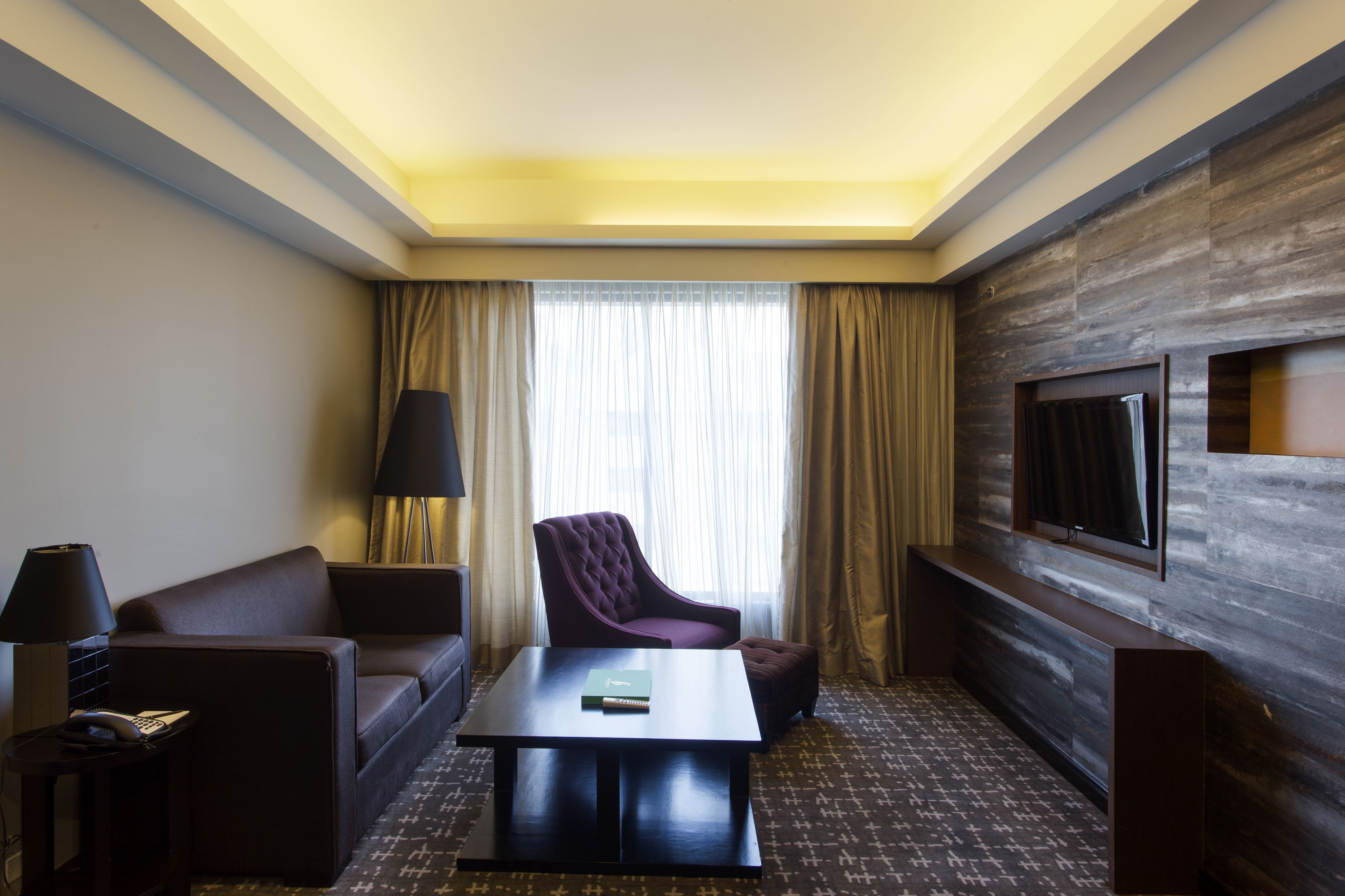 Une chambre d’hôtel équipée d’un canapé, d’un fauteuil, d’une table basse, d’une télévision et d’une grande fenêtre avec des rideaux.