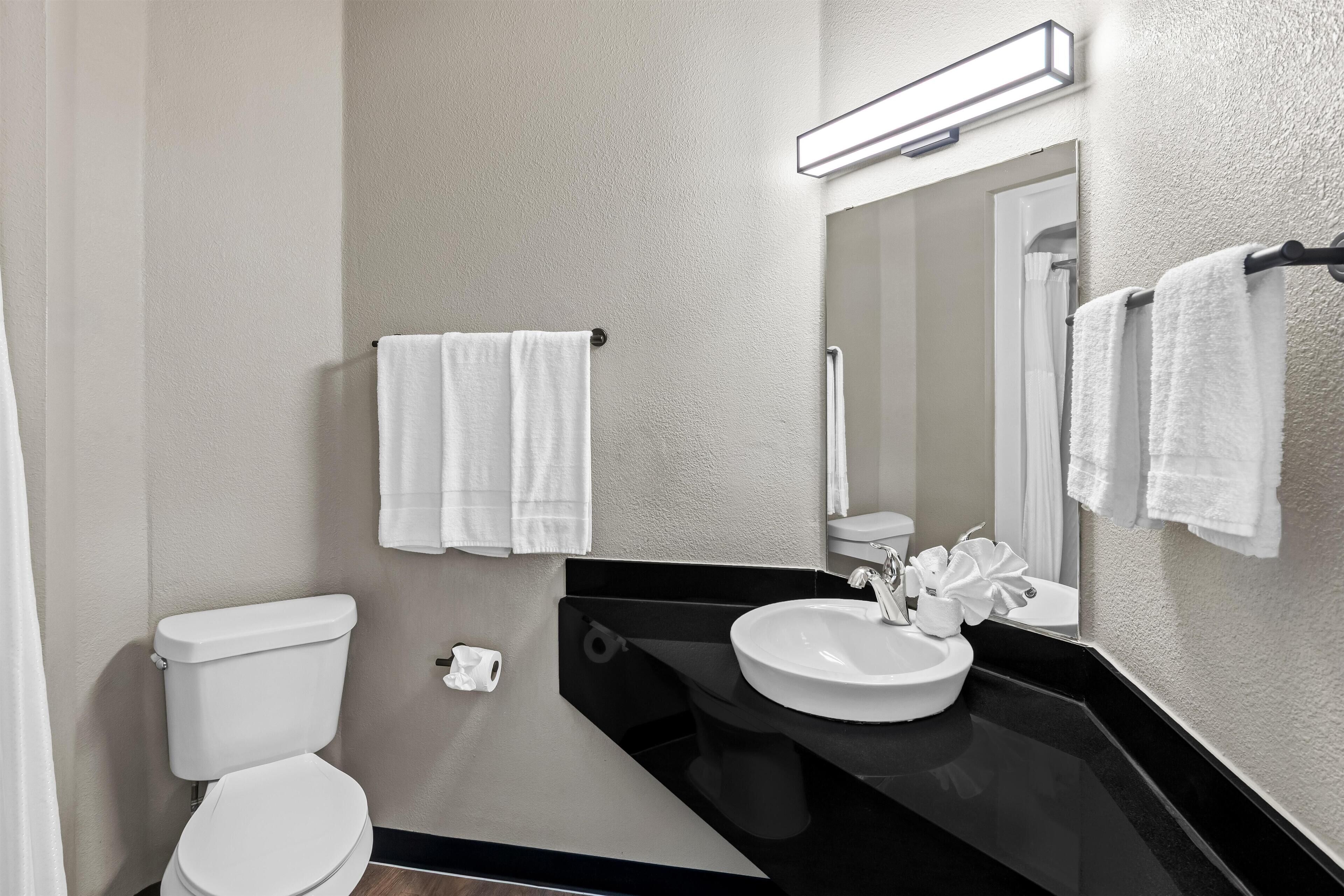 A modern bathroom with a toilet, sink, and mirror.