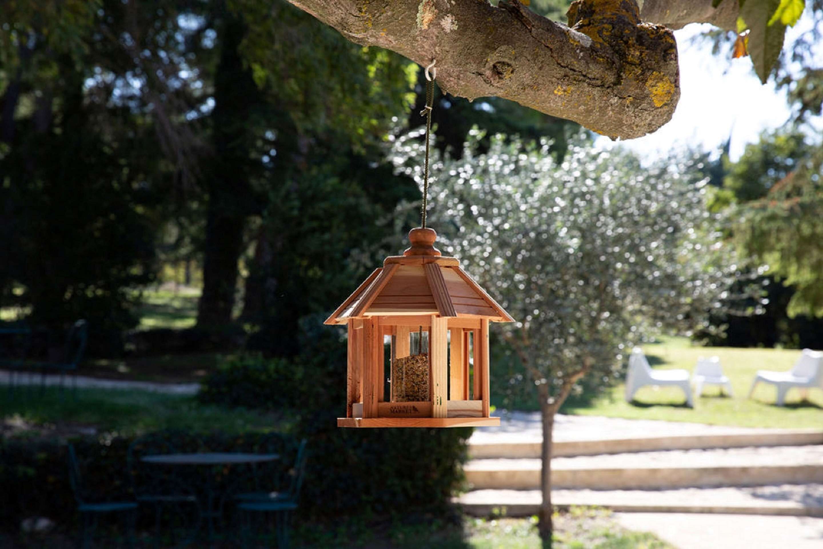 A wooden birdhouse hanging from a tree branch in a garden setting.