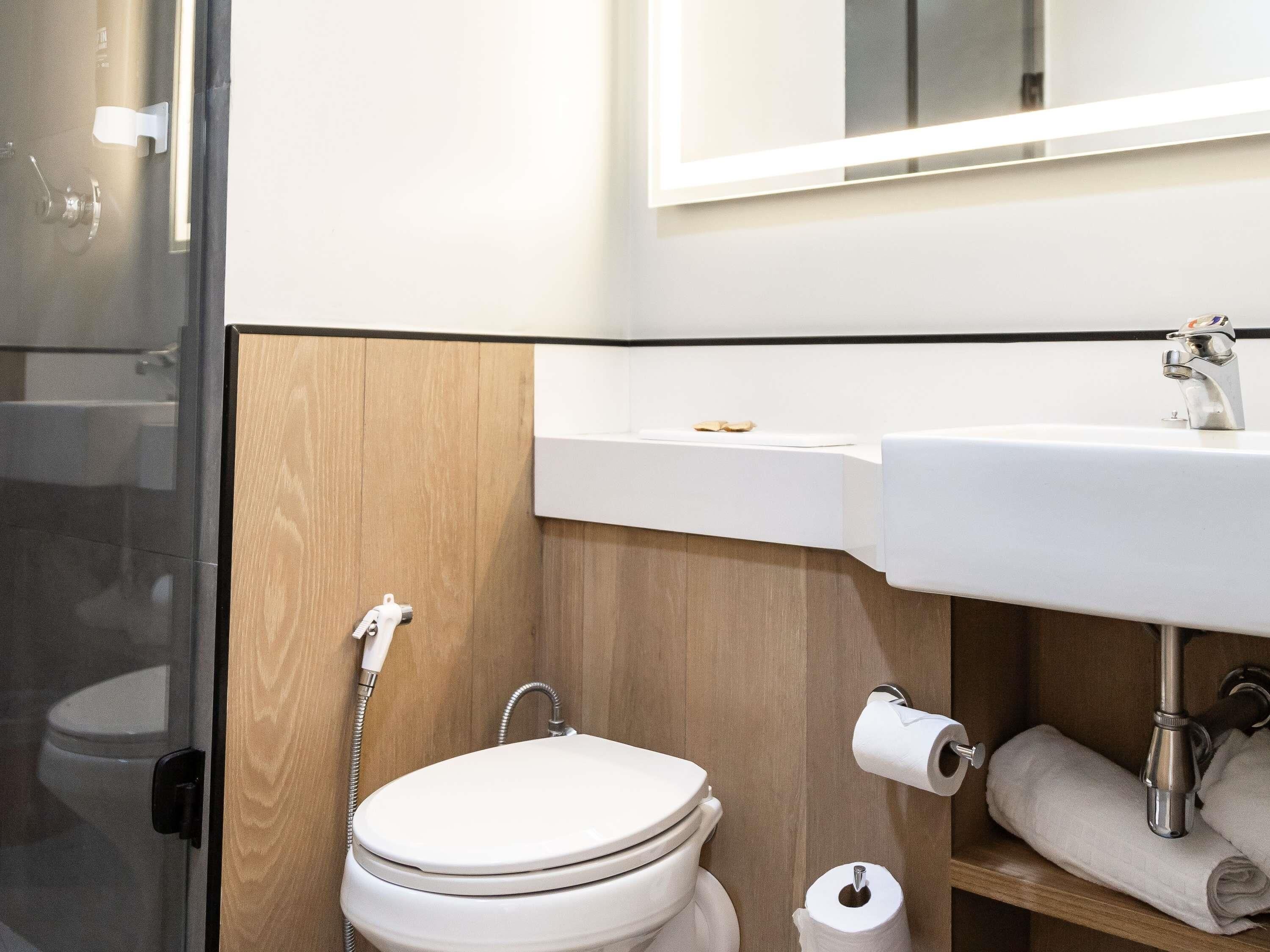 A modern bathroom with a toilet, a sink, and a mirror.