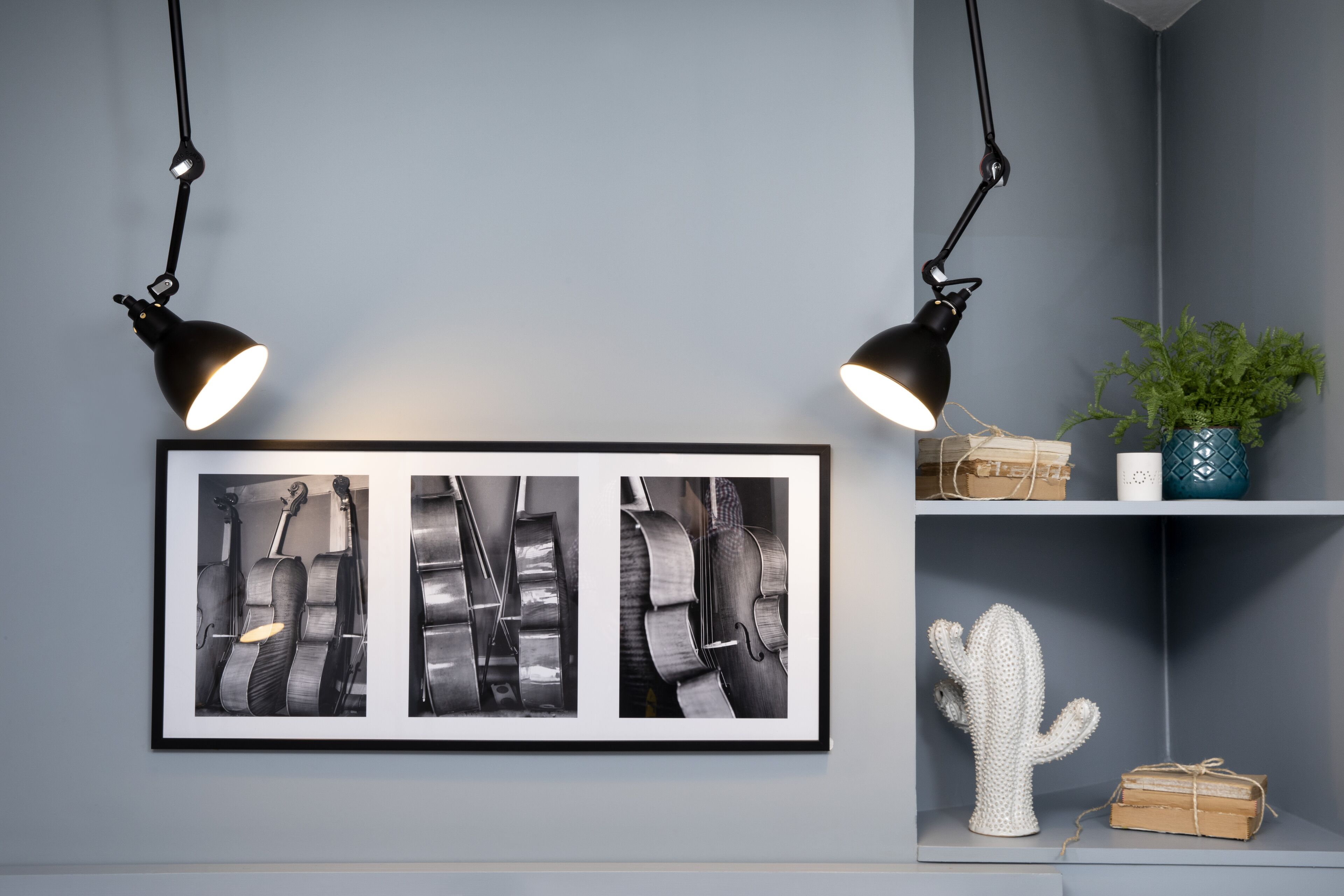 Une photographie encadrée représentant des guitares, accrochée au mur, deux lampes suspendues noires, une décoration en forme de cactus et une étagère avec une plante et des boîtes.