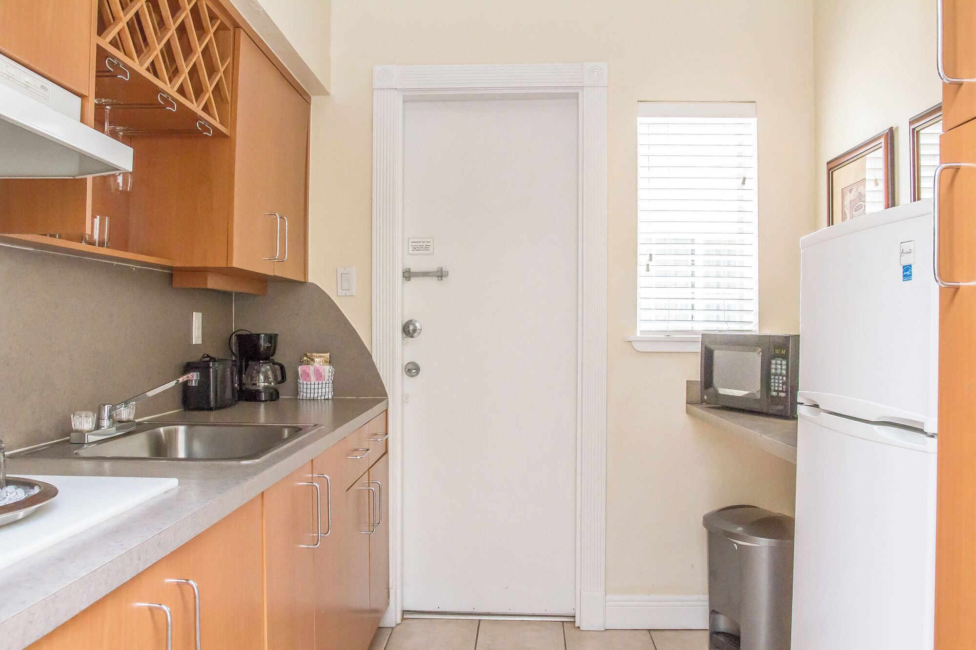 fridge, microwave, coffee/tea maker, toaster