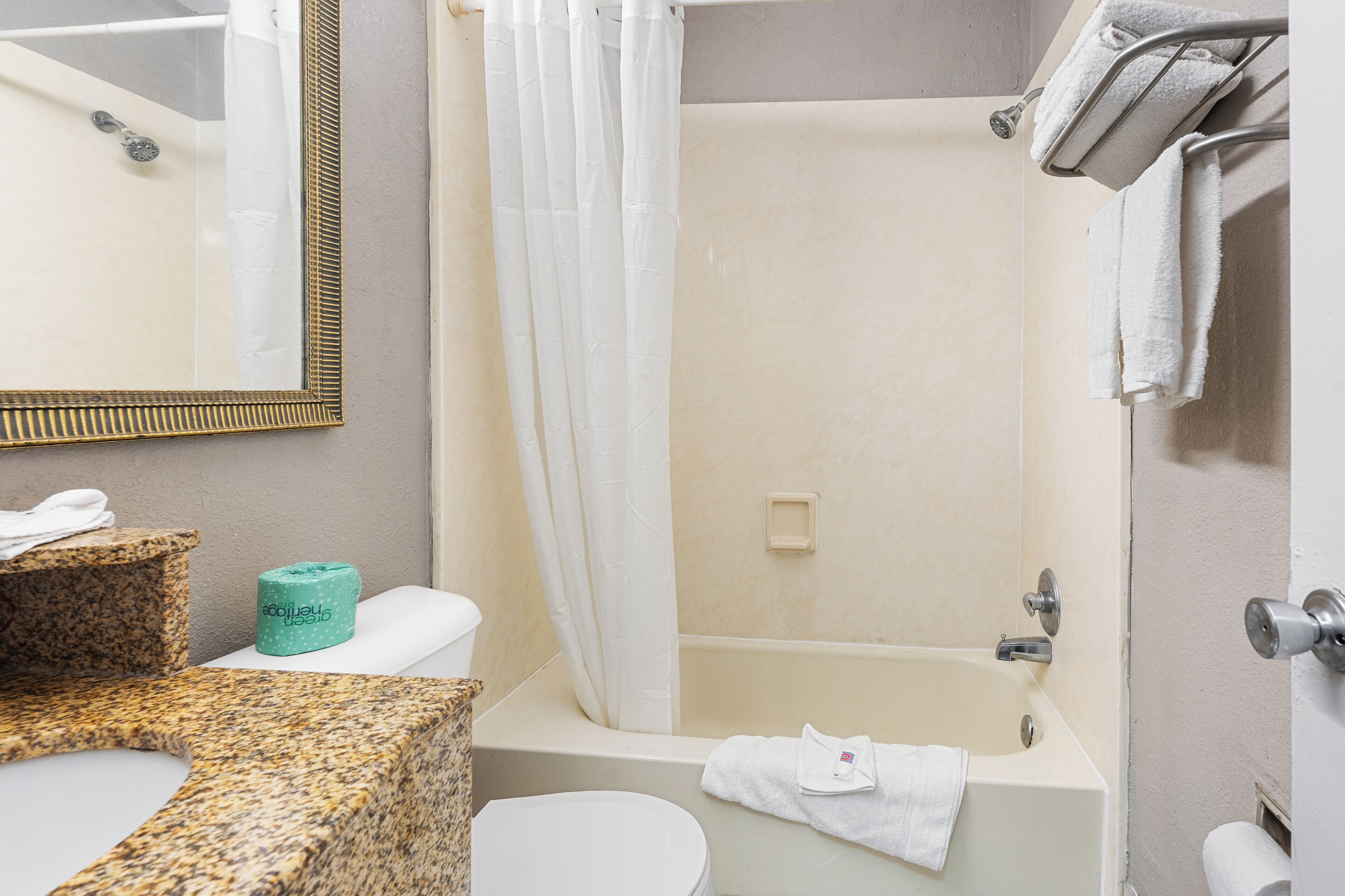 combined shower/bathtub, towels, soap, toilet paper