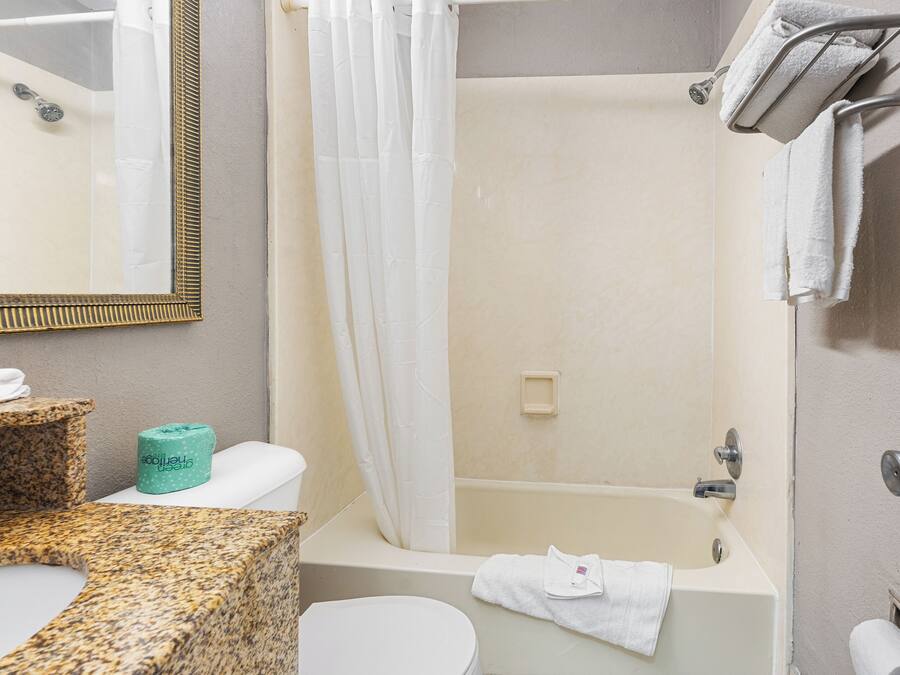Combined shower/tub, towels, soap, toilet paper