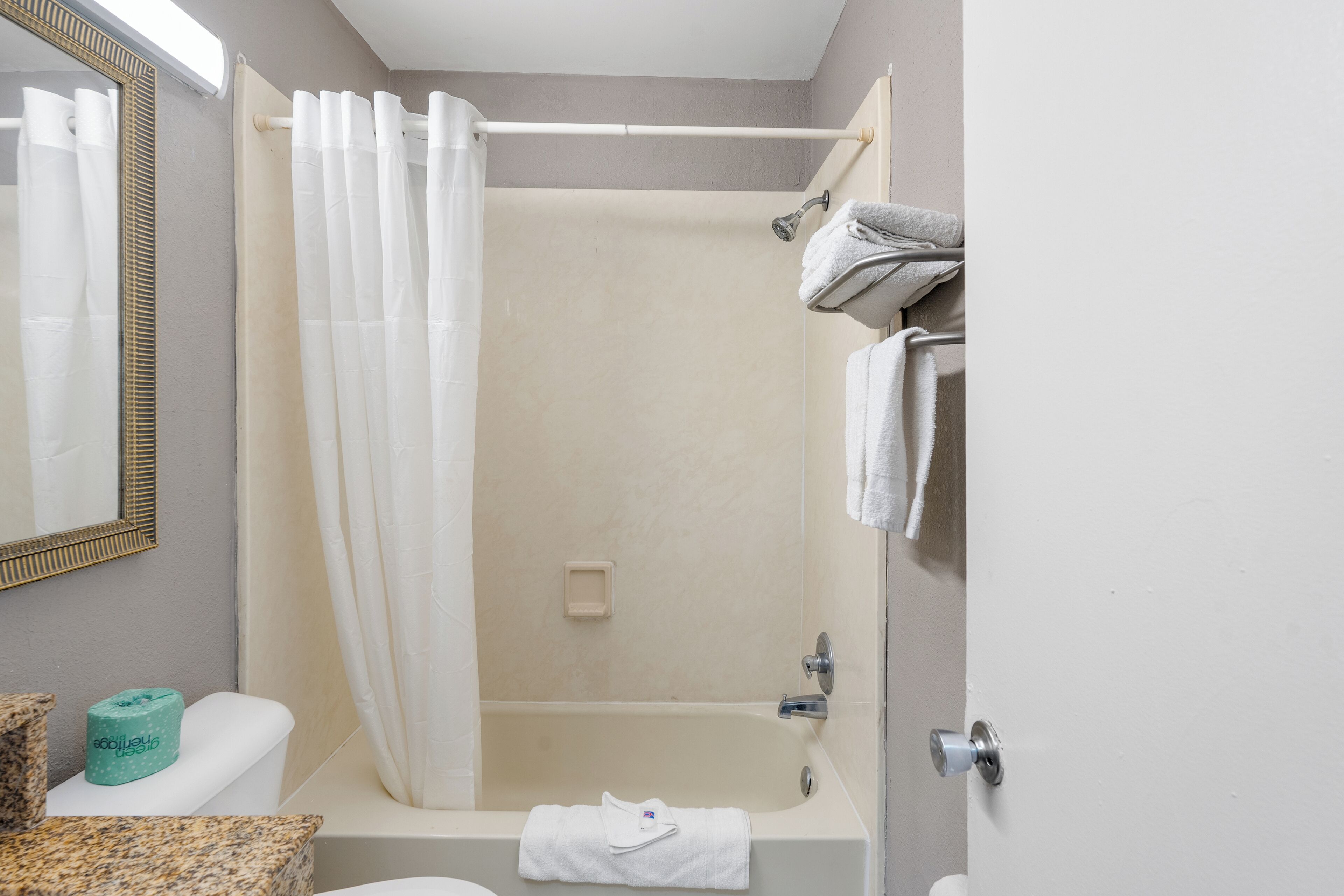 combined shower/bathtub, towels, soap, toilet paper