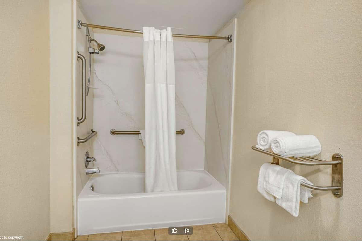 combined shower/bathtub, towels, soap, toilet paper