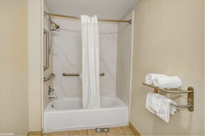 Combined shower/tub, towels, soap, toilet paper