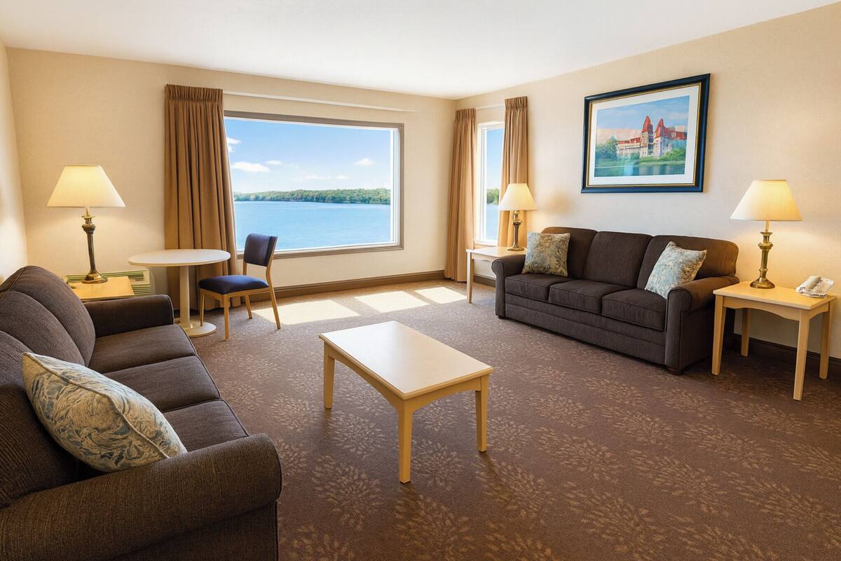 A hotel room with a sofa, armchair, and a small table. There is a large window with a view of a body of water and a building in the distance.