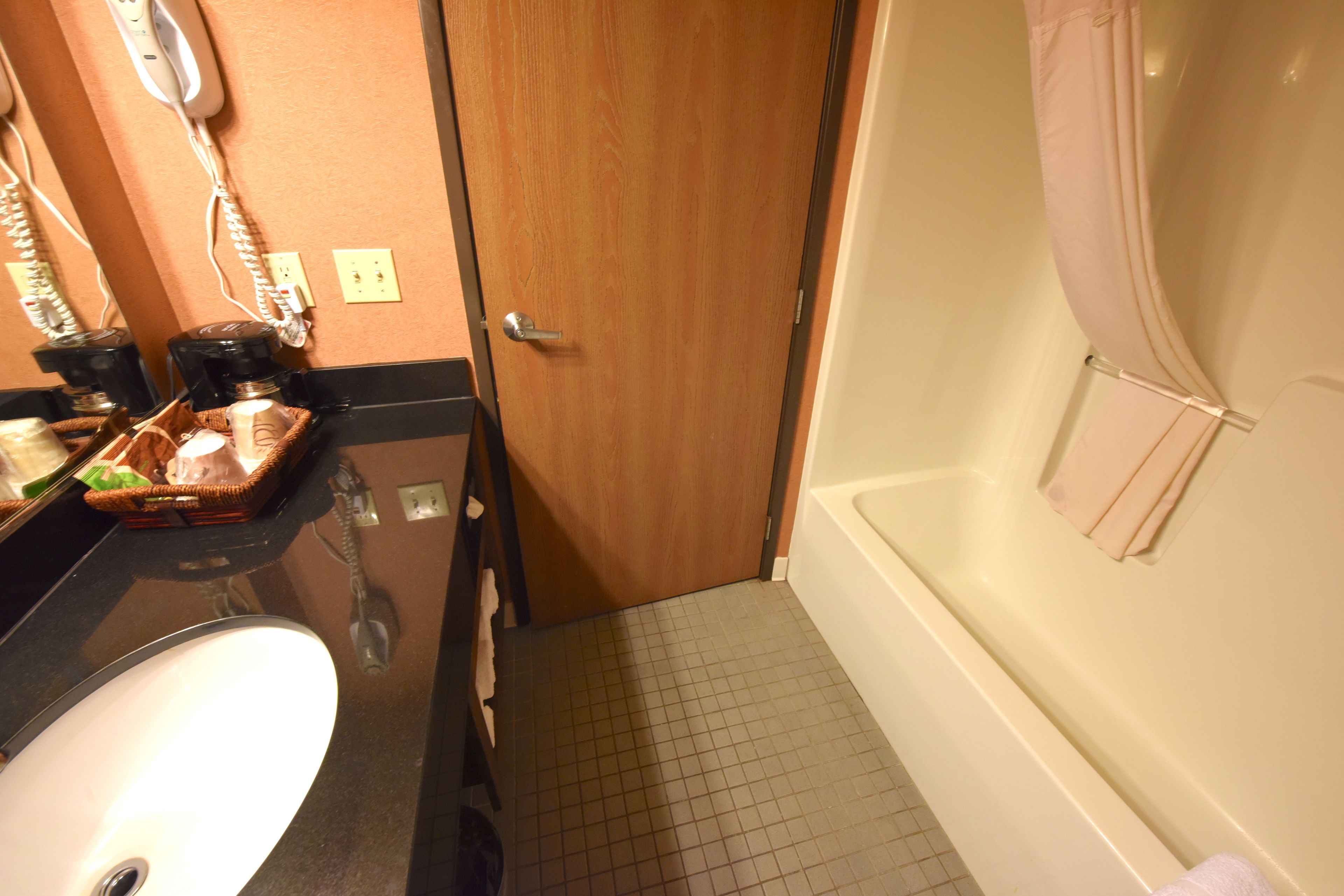 A bathroom with a sink, a mirror, a hairdryer, and a towel rack.