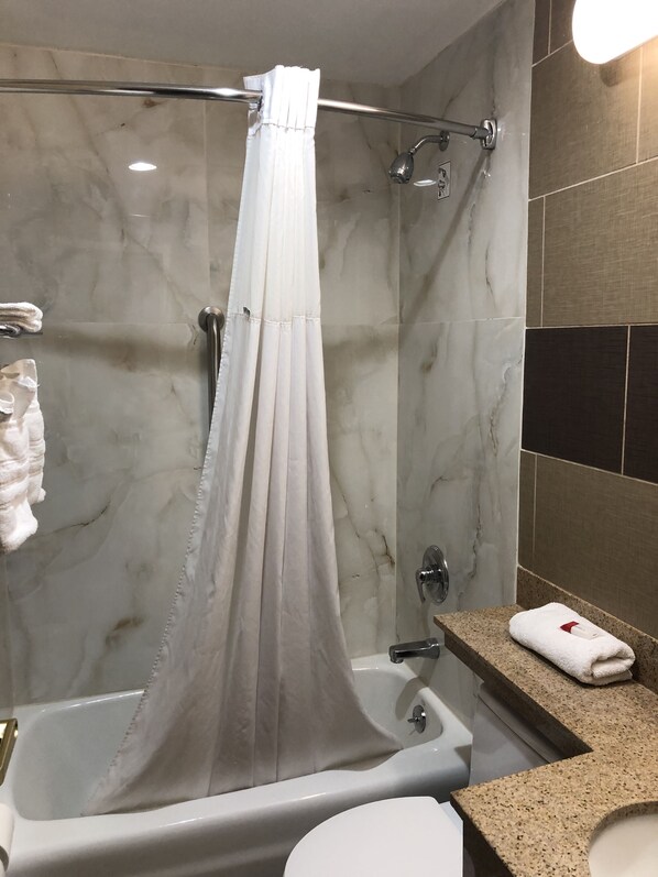 Combined shower/tub, free toiletries, hair dryer, towels