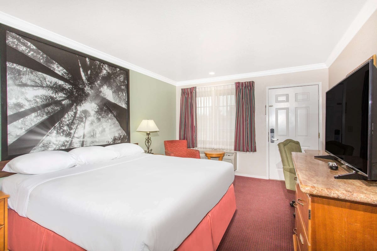 Una habitación de hotel con una cama grande, un escritorio con televisor, una silla y una ventana con cortinas.