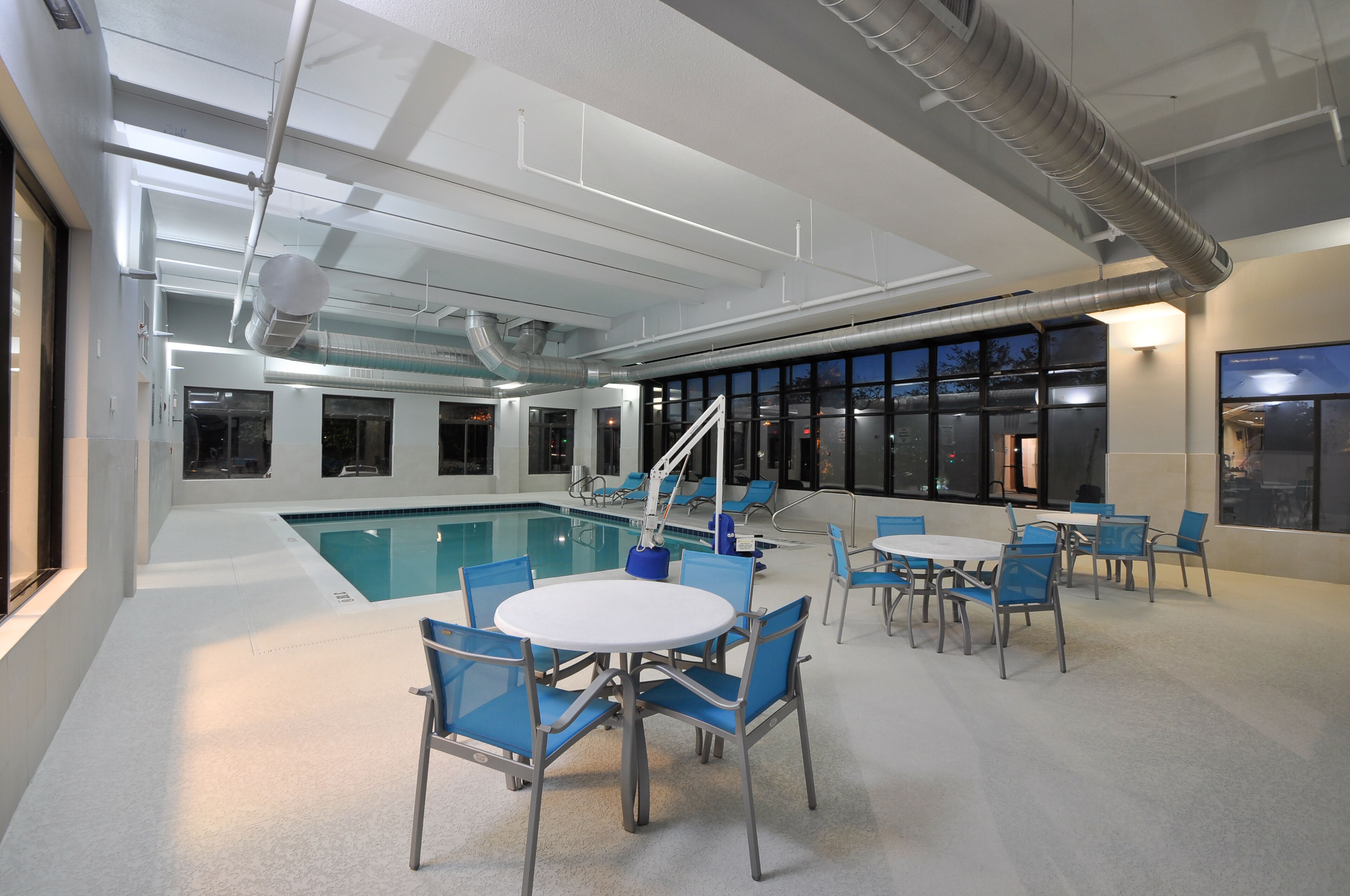 indoor pool, pool loungers