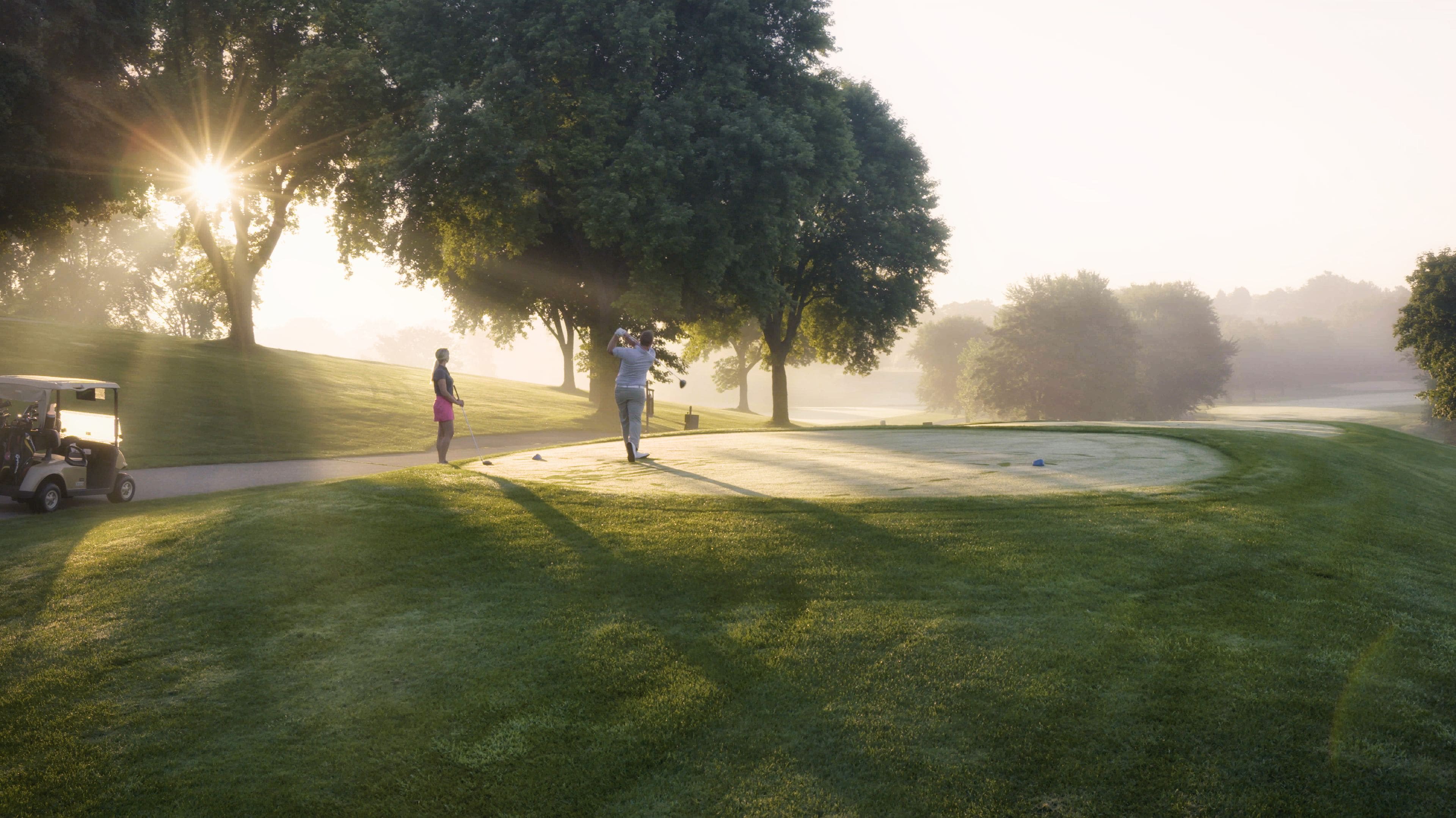 Un campo da golf con un green, alberi e un golf cart.