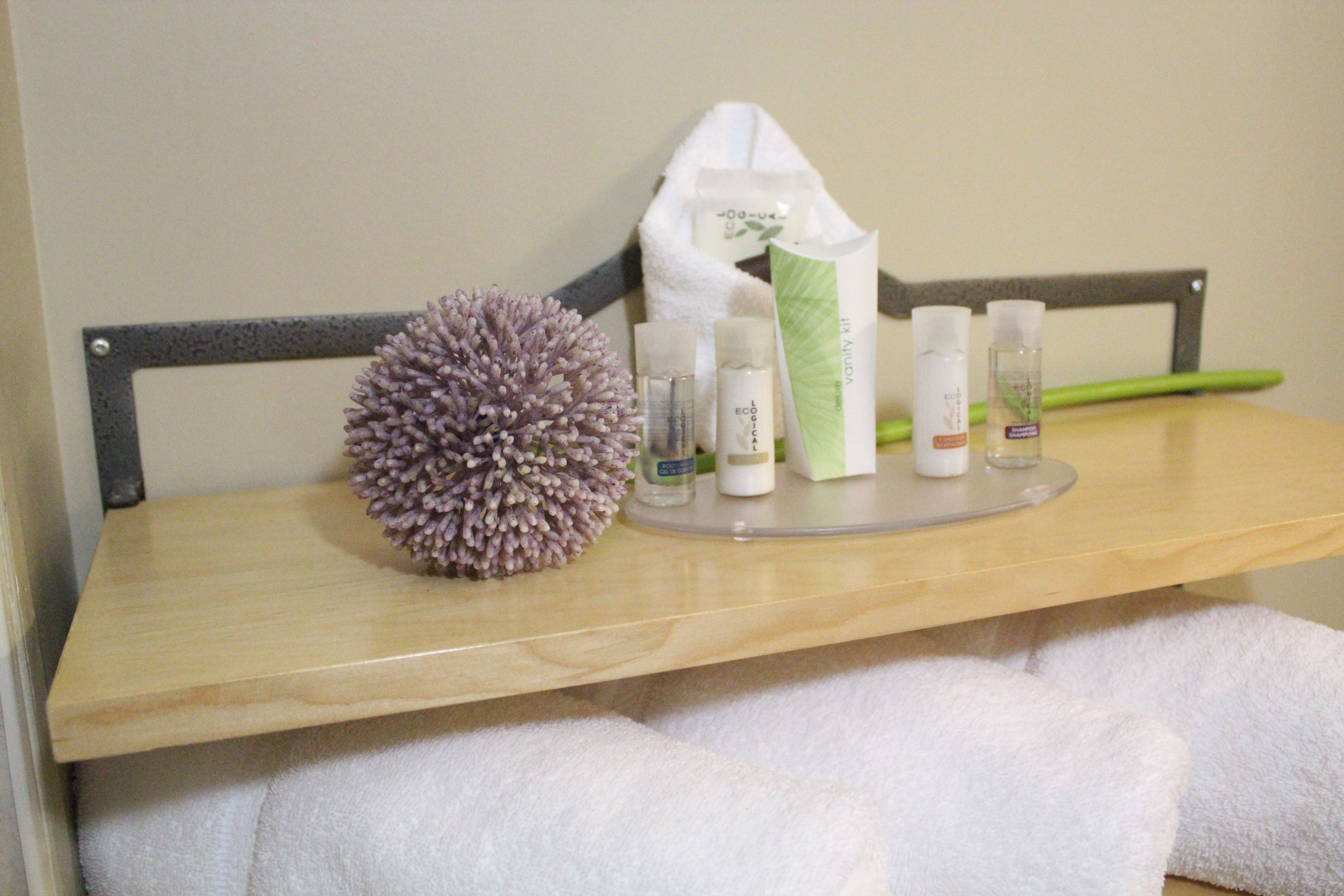 combined shower/bathtub, free toiletries, hair dryer, towels