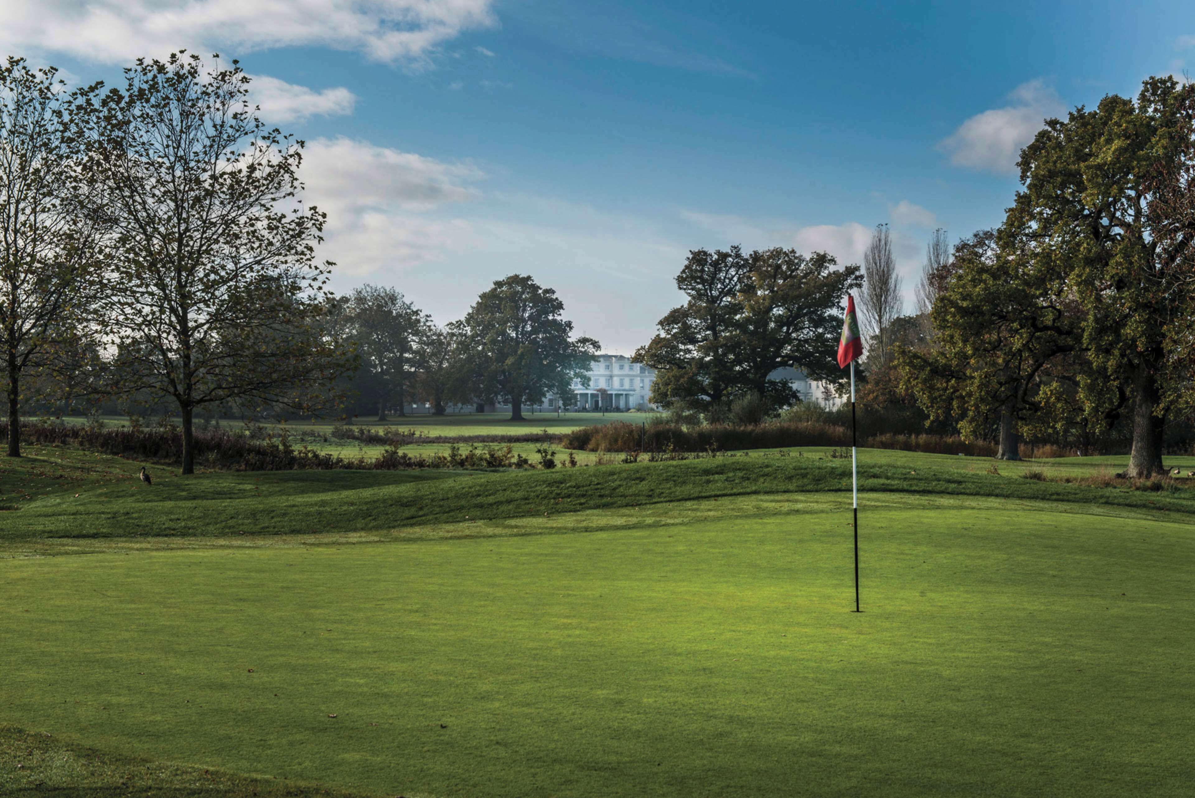 A golf course with a flagstick, trees, and a distant building.