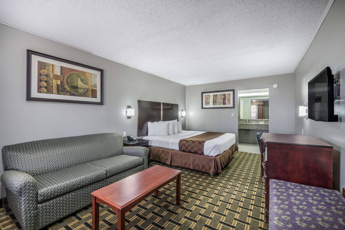 A hotel room with a sofa, a bed, a desk, and a television.