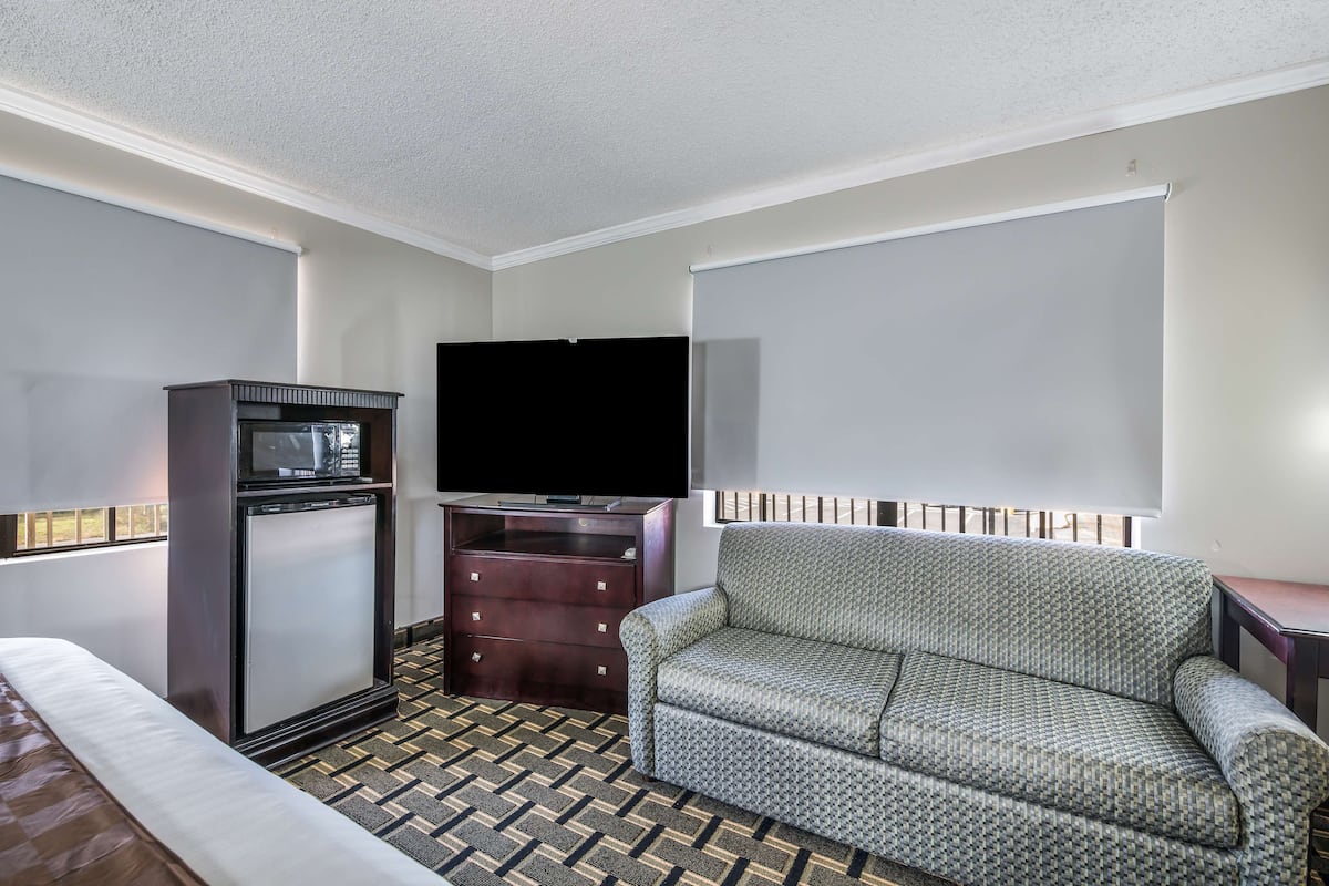 A hotel room with a bed, a sofa, a small kitchenette with a microwave, a TV, and a patterned carpet.