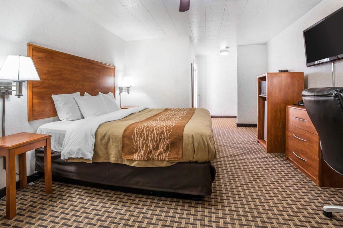 Una habitación de hotel con cama, escritorio, silla, televisor y ventilador de techo.