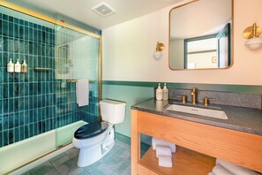 Shower, designer toiletries, towels, soap