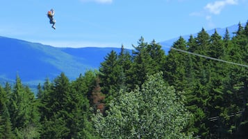 A person bungee jumping with a forest and mountains in the background.