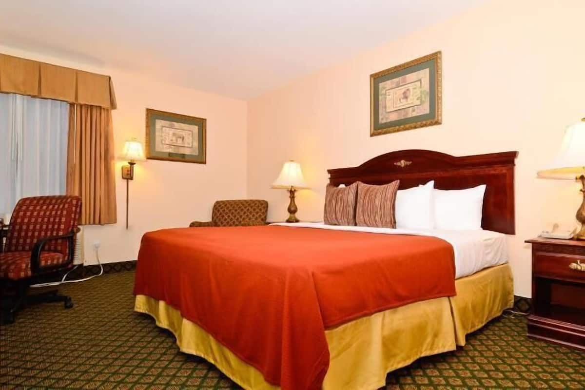 A hotel room with a large bed, two bedside lamps, a chair, a desk, and a framed picture on the wall.