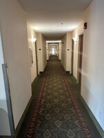 Um corredor de hotel com carpete estampado, portas em ambos os lados e iluminação no teto.