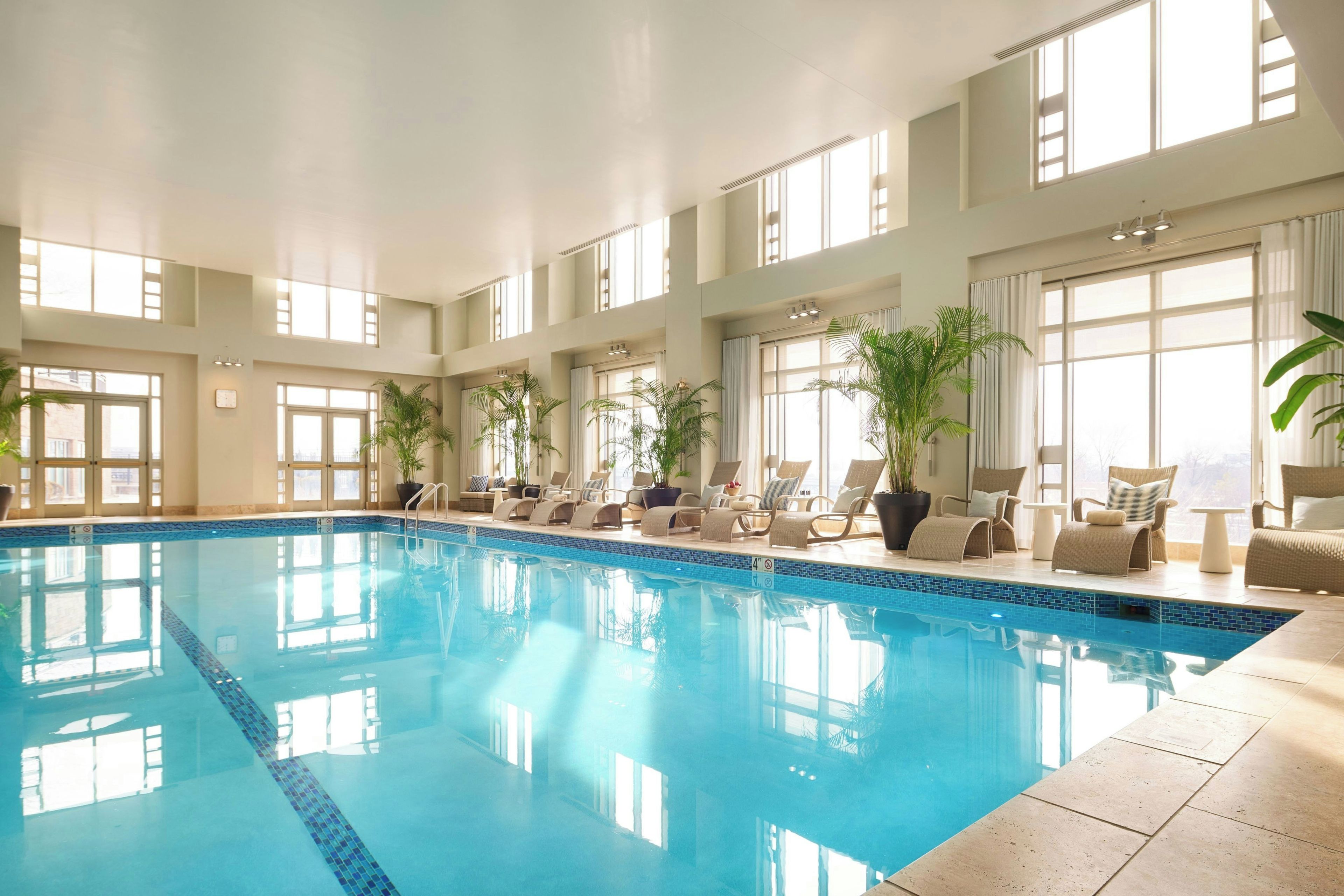 A large indoor swimming pool with multiple lounge chairs and potted plants around the perimeter.