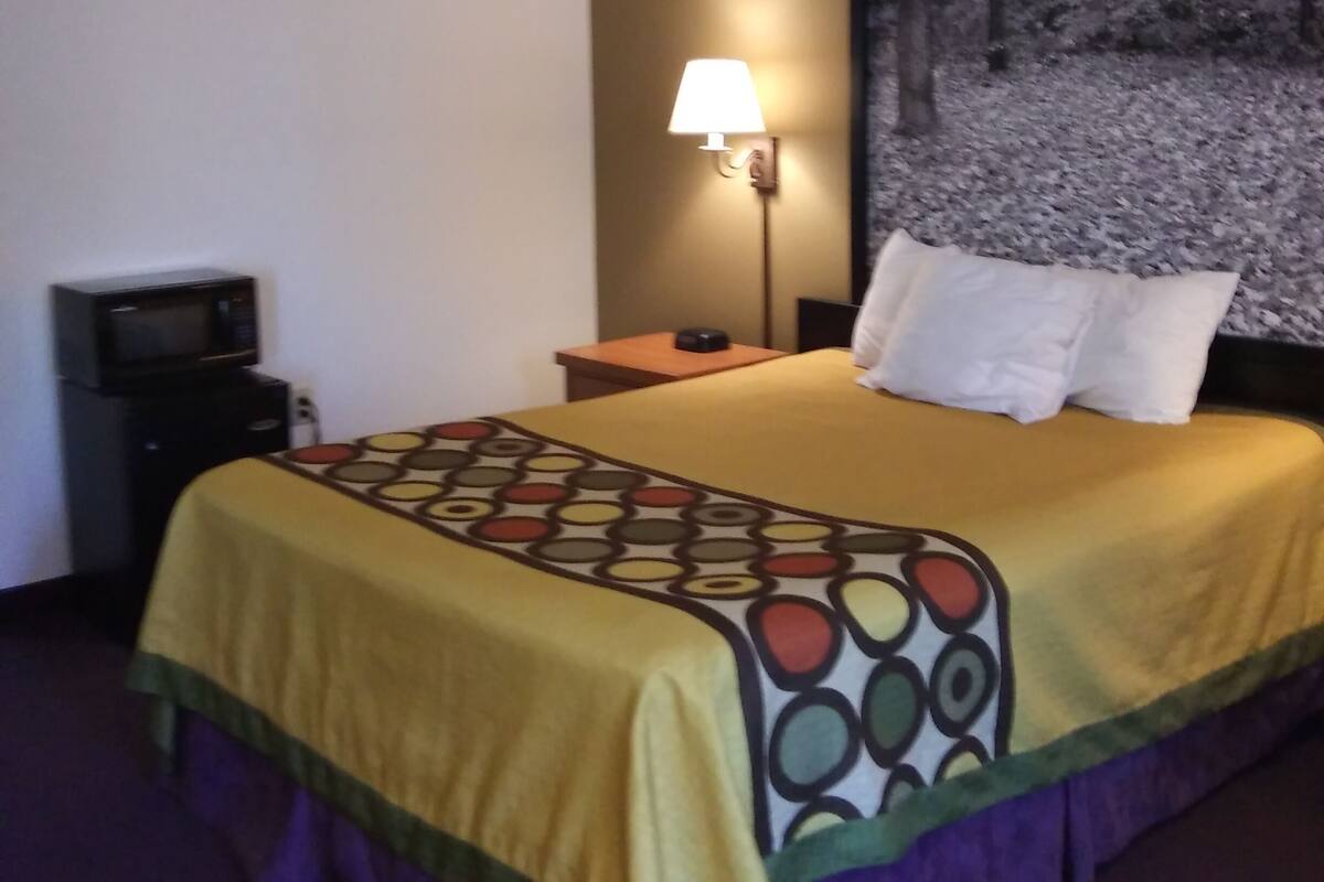 Une chambre d’hôtel avec un lit, une table de chevet, une lampe et un tableau au mur.