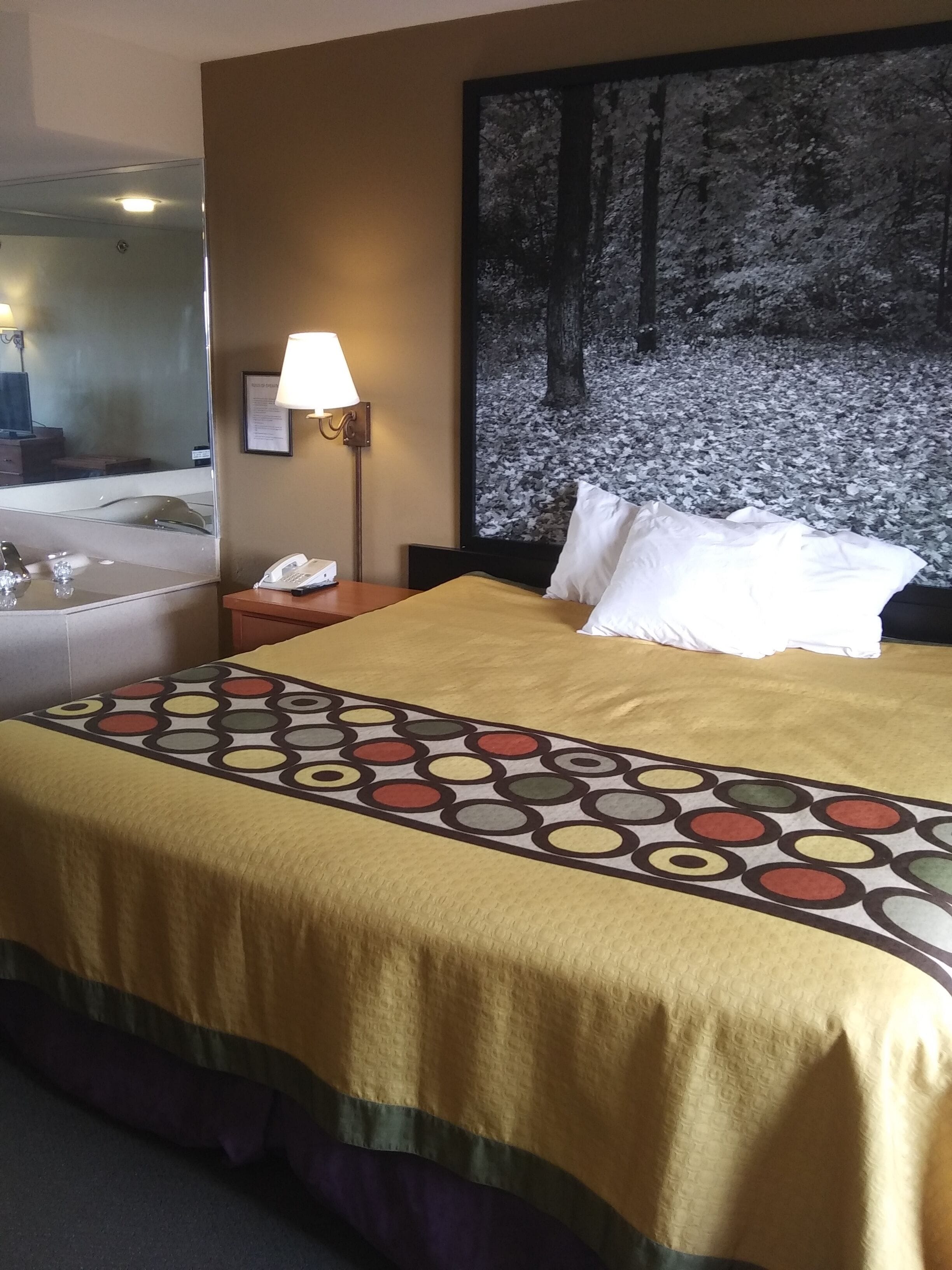 Una camera d'albergo con un letto grande, un comodino, una lampada, uno specchio e un quadro a tema naturalistico appeso al muro.