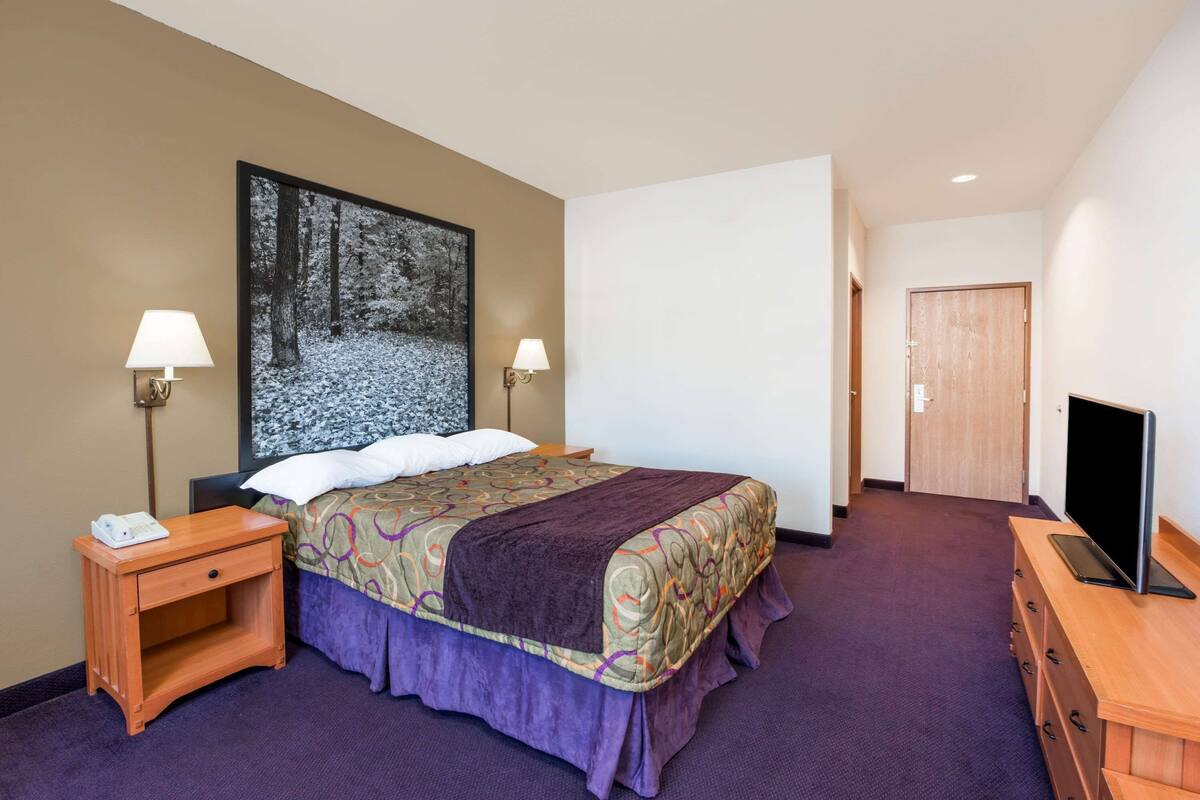 Une chambre d’hôtel avec un lit, deux lampes de chevet, un téléviseur posé sur une commode en bois et un grand tableau encadré au mur.