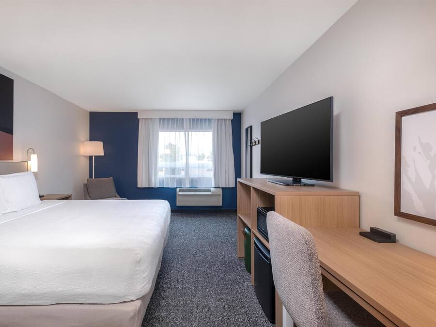 A hotel room with a large bed, a desk, a television, and a window with curtains.