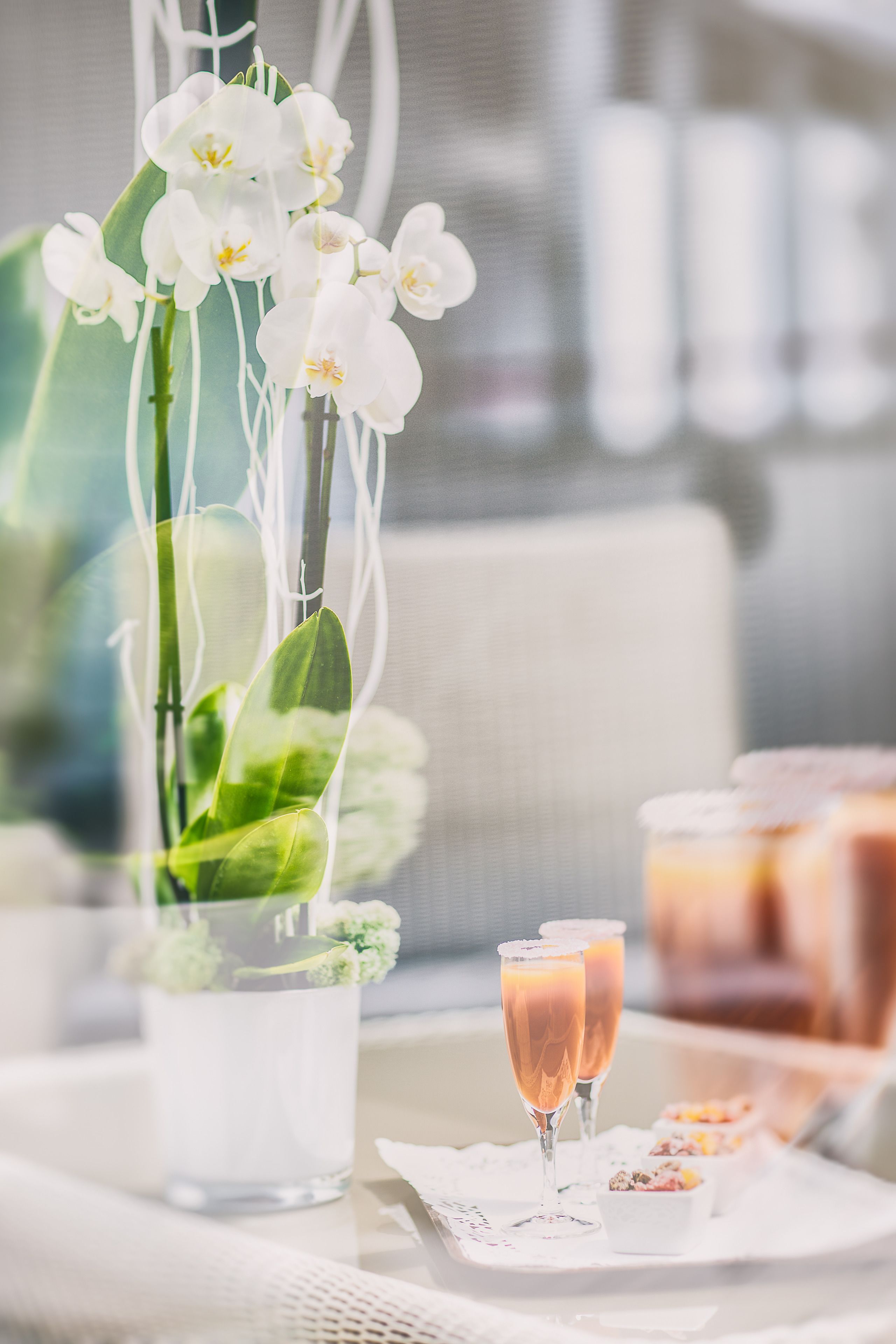 A table with a white orchid plant, two glasses of a pink beverage, and a tray with small food items.