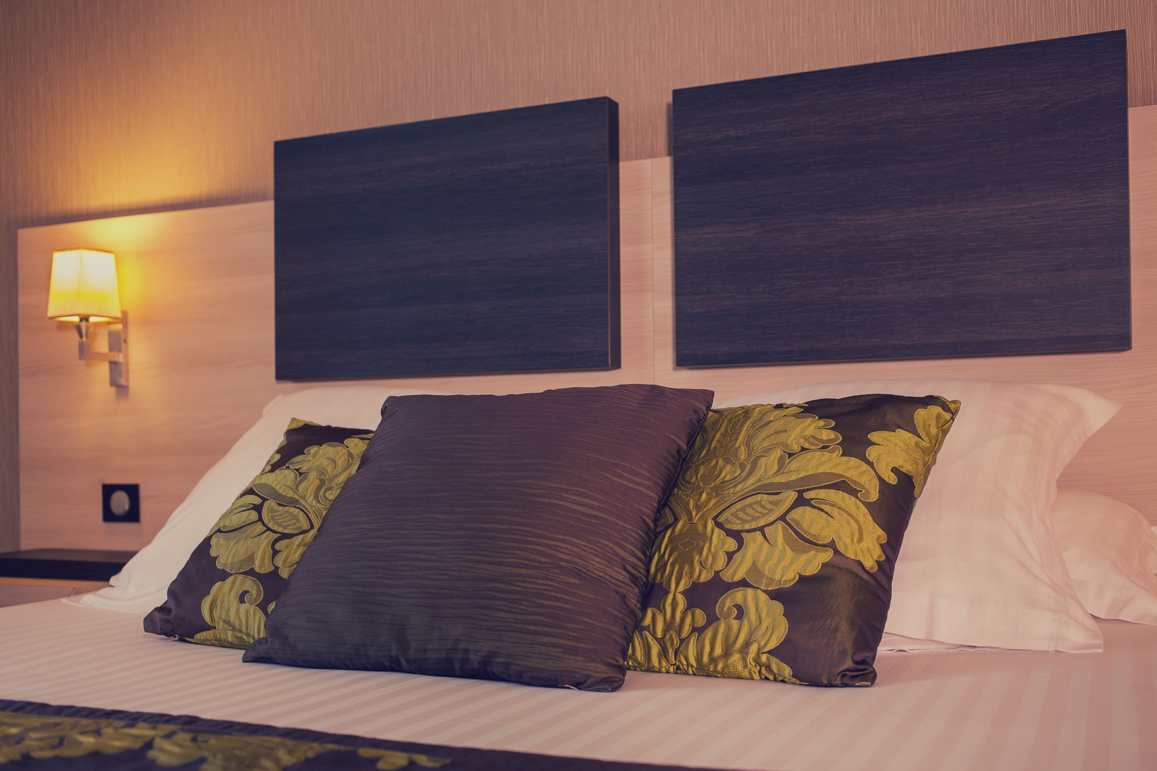 A neatly made bed with two decorative pillows and a wall-mounted lamp.