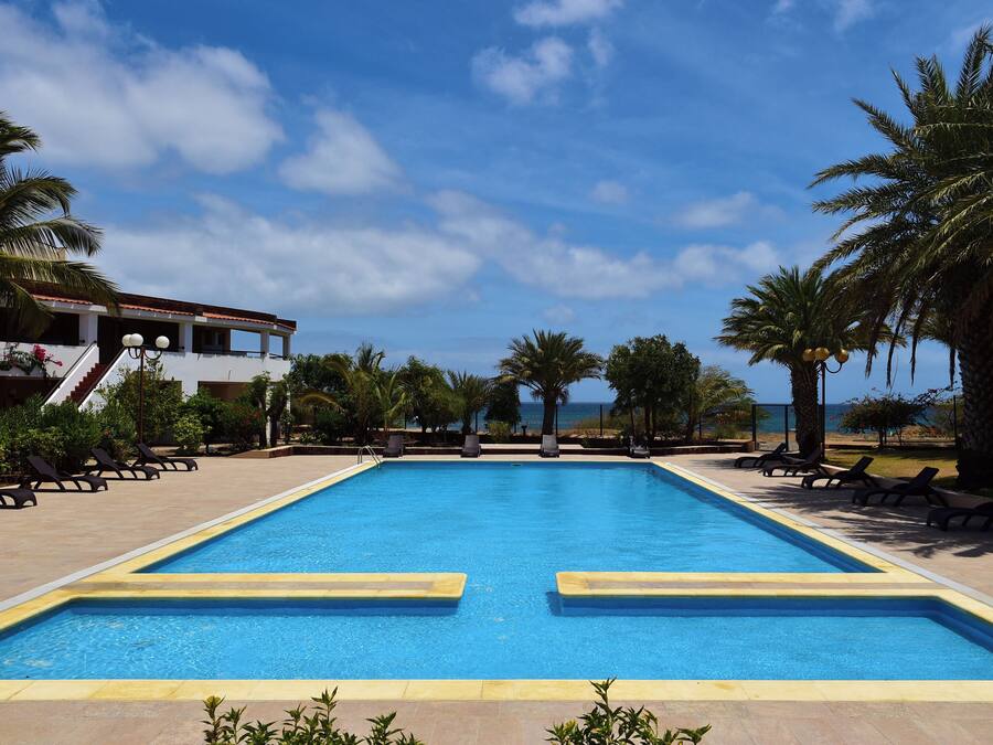 Outdoor pool, pool umbrellas, pool loungers