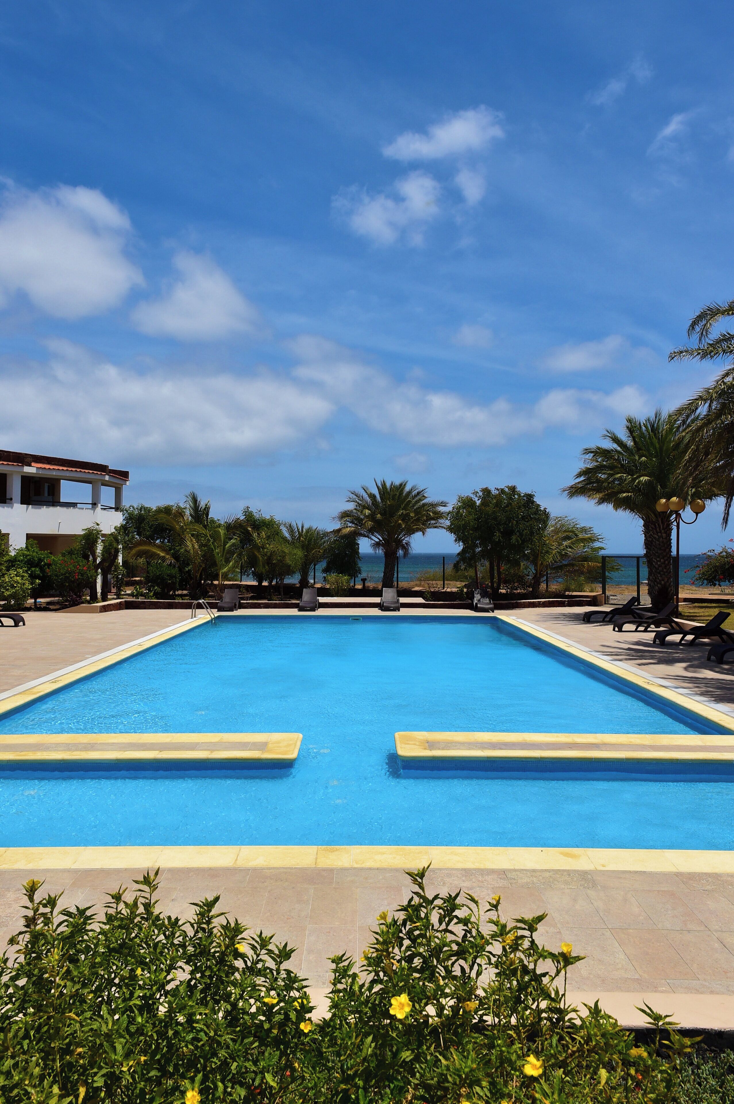 Piscine extérieure, parasols de plage, chaises longues