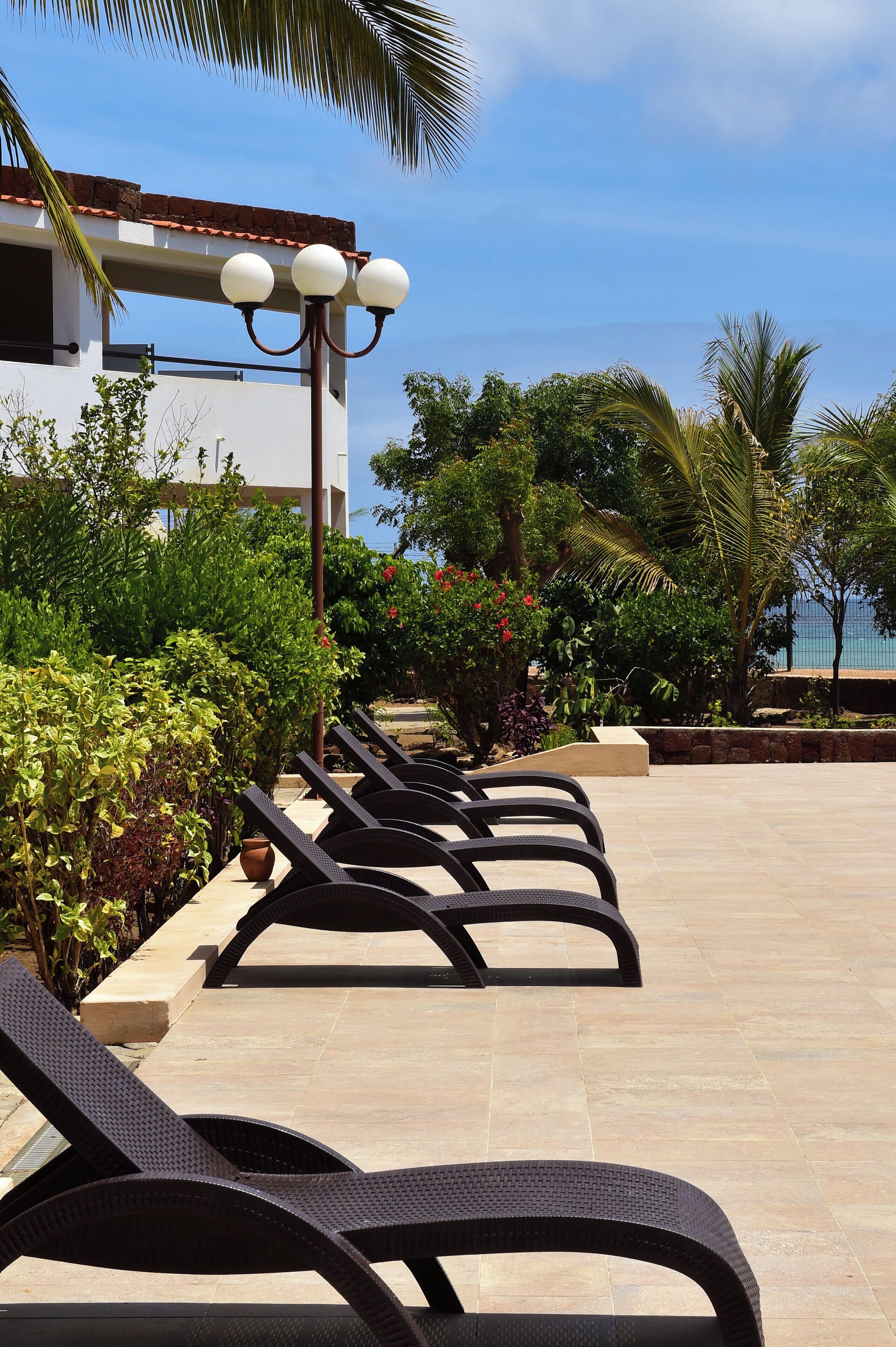 Piscine extérieure, parasols de plage, chaises longues