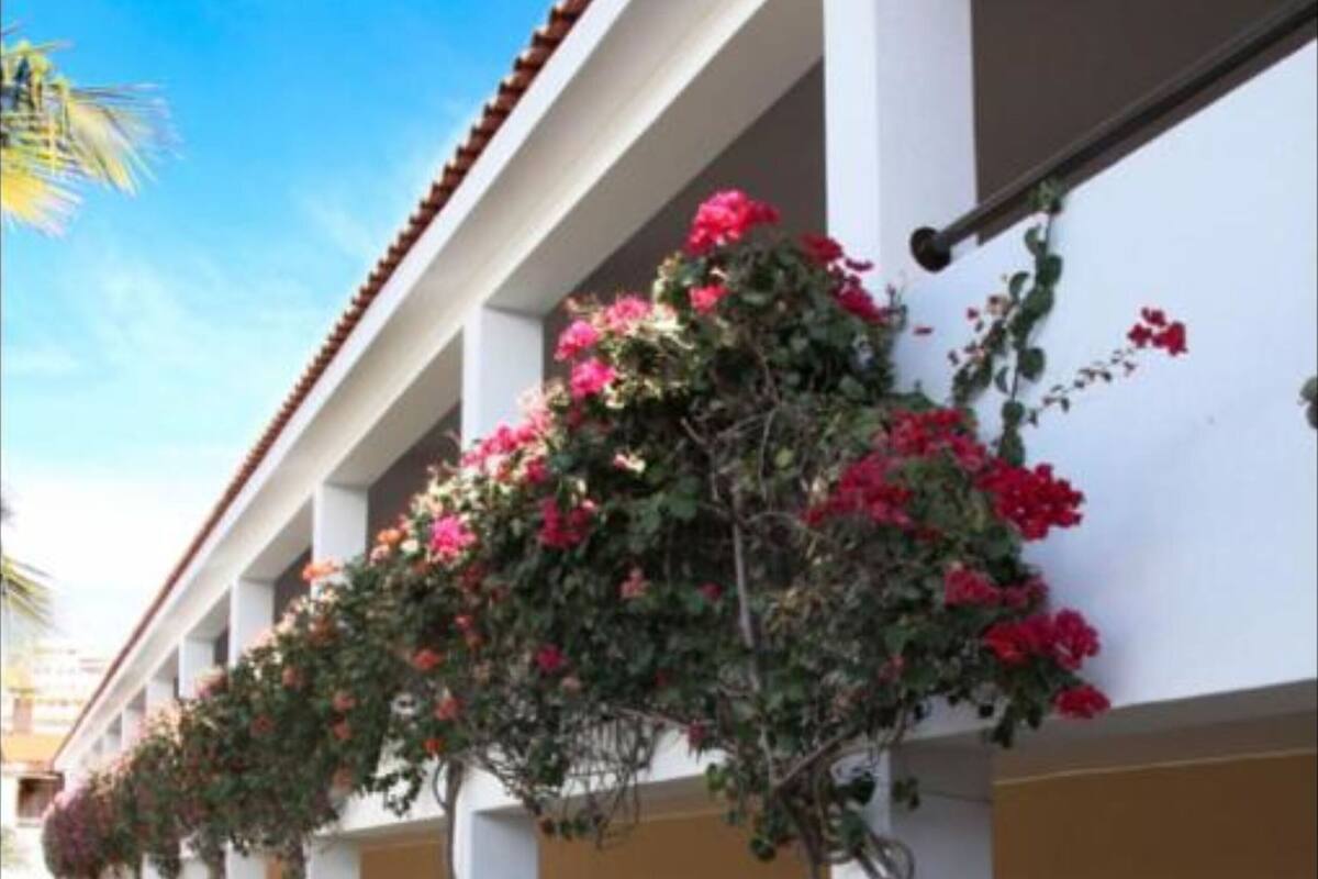 Een hotelgang met witte zuilen, rode bloemen en een betegelde vloer.