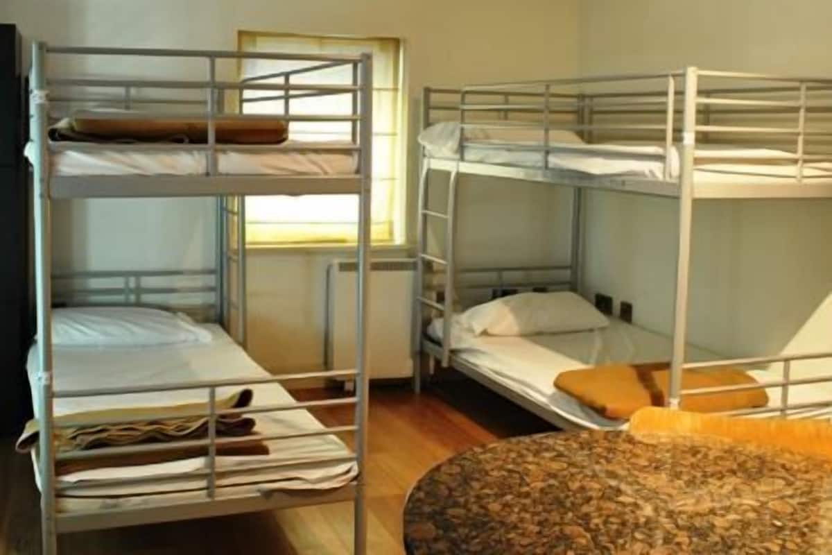 Una habitación con tres literas, una ventana y un radiador.