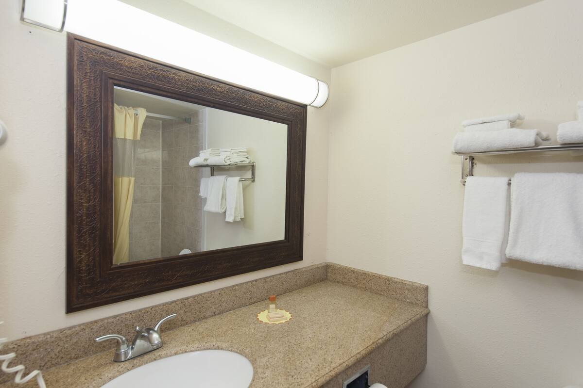 A bathroom with a large mirror, a sink, and a towel rack.
